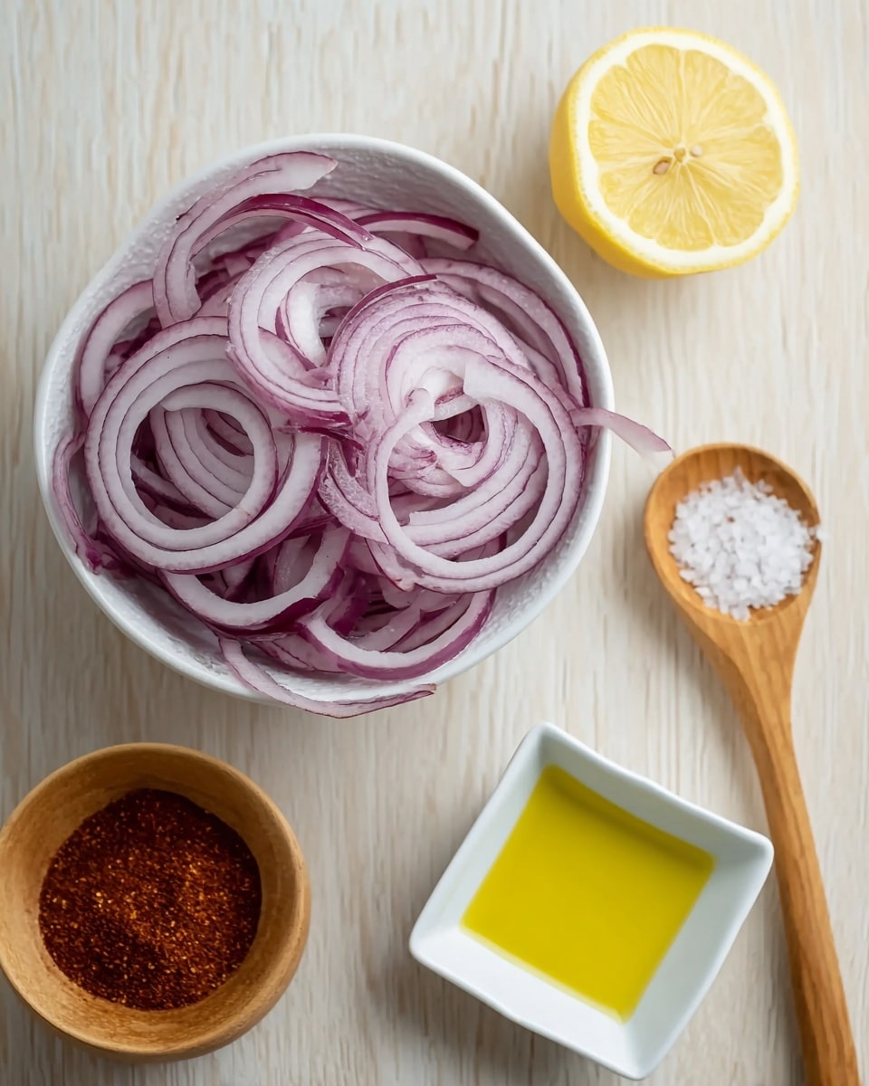 The image shows a white bowl filled with thinly sliced purple onions, neatly layered in circular shapes inside the bowl. To the top right of the bowl, there is a half lemon placed with the cut side facing up, showing its yellow juicy flesh. Below the lemon is a small white square dish holding yellow olive oil, with its shiny and smooth surface clearly visible. At the bottom center of the image, there is a small round light wooden bowl containing a reddish-brown spice, and to its right, a wooden spoon resting on the white marbled surface with coarse salt on it. The setup is placed on a pale wood-textured surface. photo taken with an iphone --ar 4:5 --v 7
