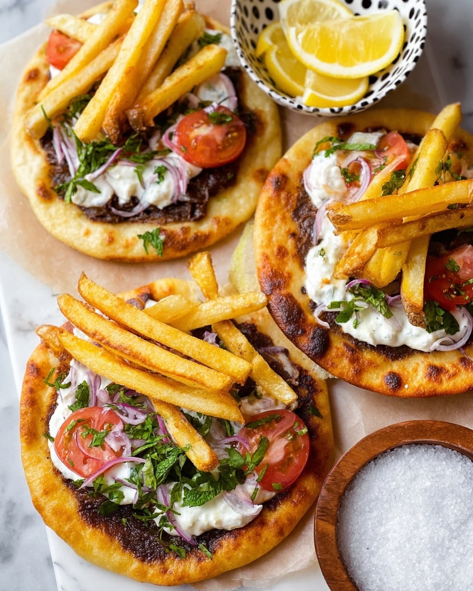 The image shows three small round flatbreads with four visible layers on each. The bottom layer is a golden-brown crispy flatbread with some darker spots on the edges. Next is a thick dark brown spread covering most of the flatbread surface. On top of this is a creamy white sauce, irregularly spread and covering part of the dark spread. Then there are slices of red tomato and thin slivers of purple onion scattered on the white sauce, along with small pieces of fresh green herbs. Finally, a few thick golden French fries are placed on top of each flatbread. The flatbreads rest on a white marbled surface, with three lemon wedges placed beside them. A white bowl with a black dotted pattern and a small wooden bowl with coarse salt are partially visible. photo taken with an iphone --ar 4:5 --v 7