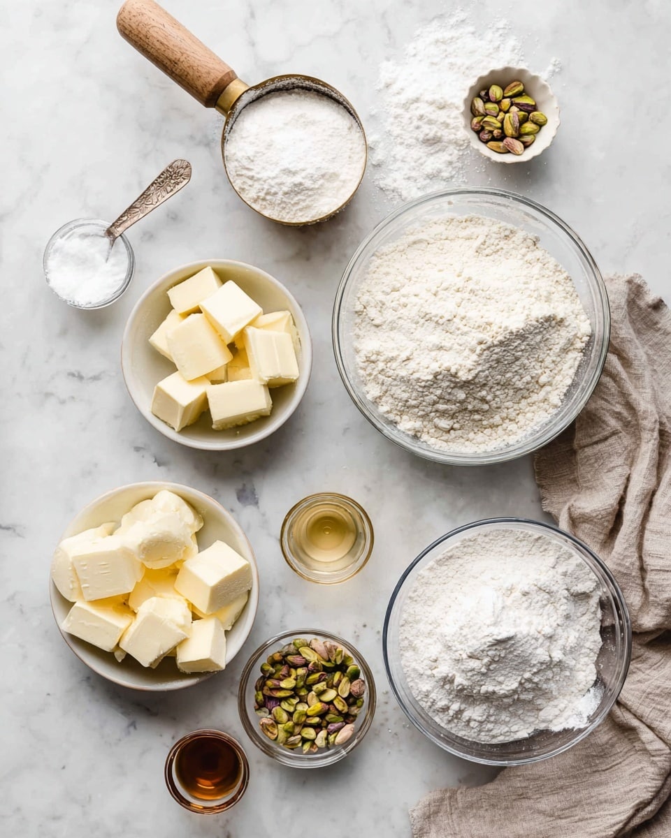 A flat lay of baking ingredients arranged on a white marbled surface. Starting from the top right, there is a round white bowl filled with white flour, next to it a large clear glass bowl heaped with more white flour. Below the large bowl, a small clear glass dish holds a light brown liquid, and next to it a small clear glass cup contains green and brown pistachio nuts. Above the pistachios, a white bowl is filled with pale yellow cubes of butter, and to its left another white bowl holds rectangular slices of butter. Near the top left, there is a brass measuring cup with a wooden handle filled with white flour, and next to it a smaller brass measuring cup with powdered sugar. A folded beige cloth adds softness to the composition underneath some of the bowls. photo taken with an iphone --ar 4:5 --v 7