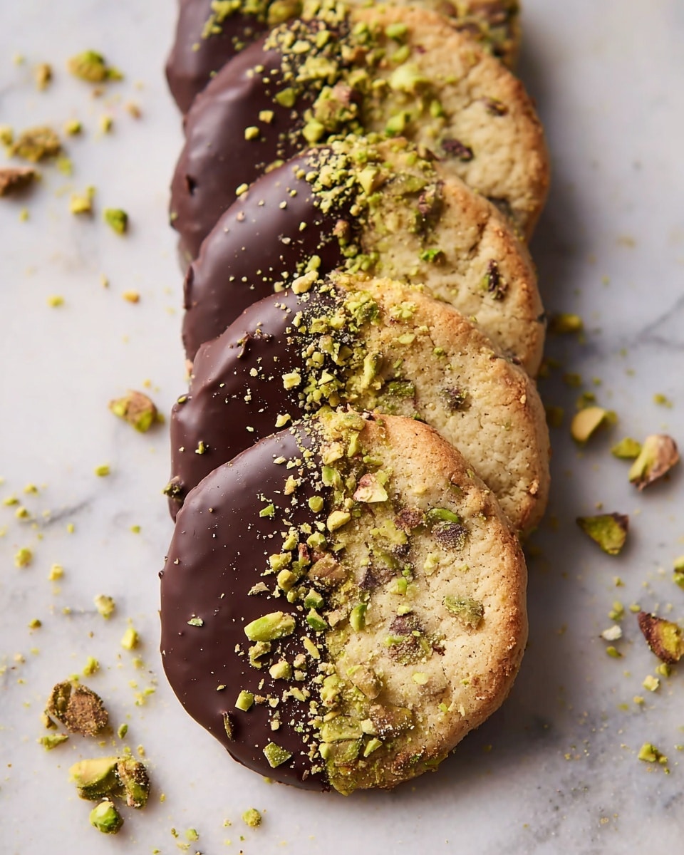 A row of five round pistachio cookies lies diagonally on a white marbled surface. Each cookie is half dipped in dark chocolate, glossy and smooth, covering about half of the cookie from the top left side. The exposed cookie part is light brown with visible small pistachio pieces mixed inside. Crushed pistachio bits are sprinkled generously on top of the chocolate-covered halves, with some scattered around the cookies on the surface. The cookies have a slightly rough texture and soft edges. Photo taken with an iphone --ar 4:5 --v 7
