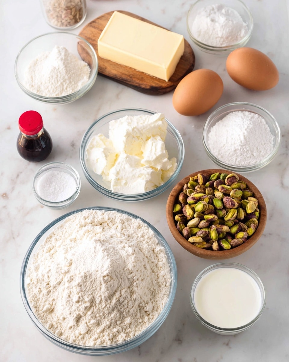 A white marbled surface holds an arrangement of baking ingredients placed in clear glass bowls and around the space; in the center front is a large bowl filled with white flour with a slightly coarse texture, behind it to the right sit two brown eggs, a pale yellow stick of butter, and a large bowl of mixed green and brown pistachio nuts. To the left of the eggs are smaller glass bowls containing white powdered sugar, another with baking powder that looks smooth and white, and a shallow wooden bowl with granulated salt. Behind these is a bowl of white granulated sugar and another with creamy white yogurt. On the left edge is a small dark glass bottle with a red cap, presumably vanilla extract. The setup is clean, orderly, and well-lit, emphasizing the pure colors and textures of the ingredients photo taken with an iphone --ar 4:5 --v 7