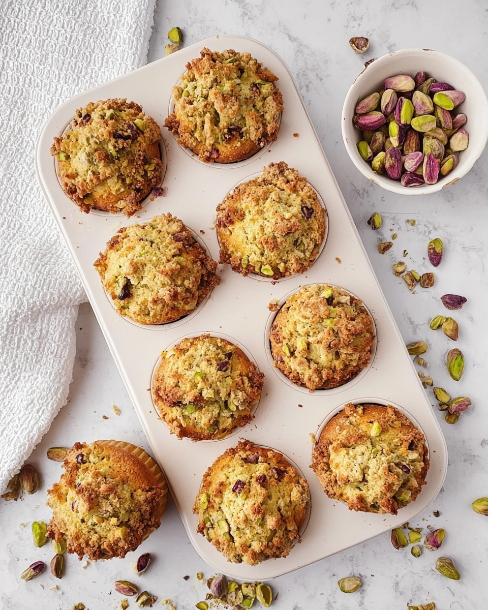 The image shows a white muffin tray with 10 slots, holding 8 golden brown muffins with crumbly tops mixed with pieces of green and brown pistachios. The muffins have a rough texture on top, with some pistachio nuts visible embedded in the crumbs. Two slots are filled with loose pistachio nuts showing their purple and green shells. There are some crumbs and pistachio nuts scattered around the tray on a white marbled surface. A white textured cloth is partially visible on the left side of the tray. photo taken with an iphone --ar 4:5 --v 7