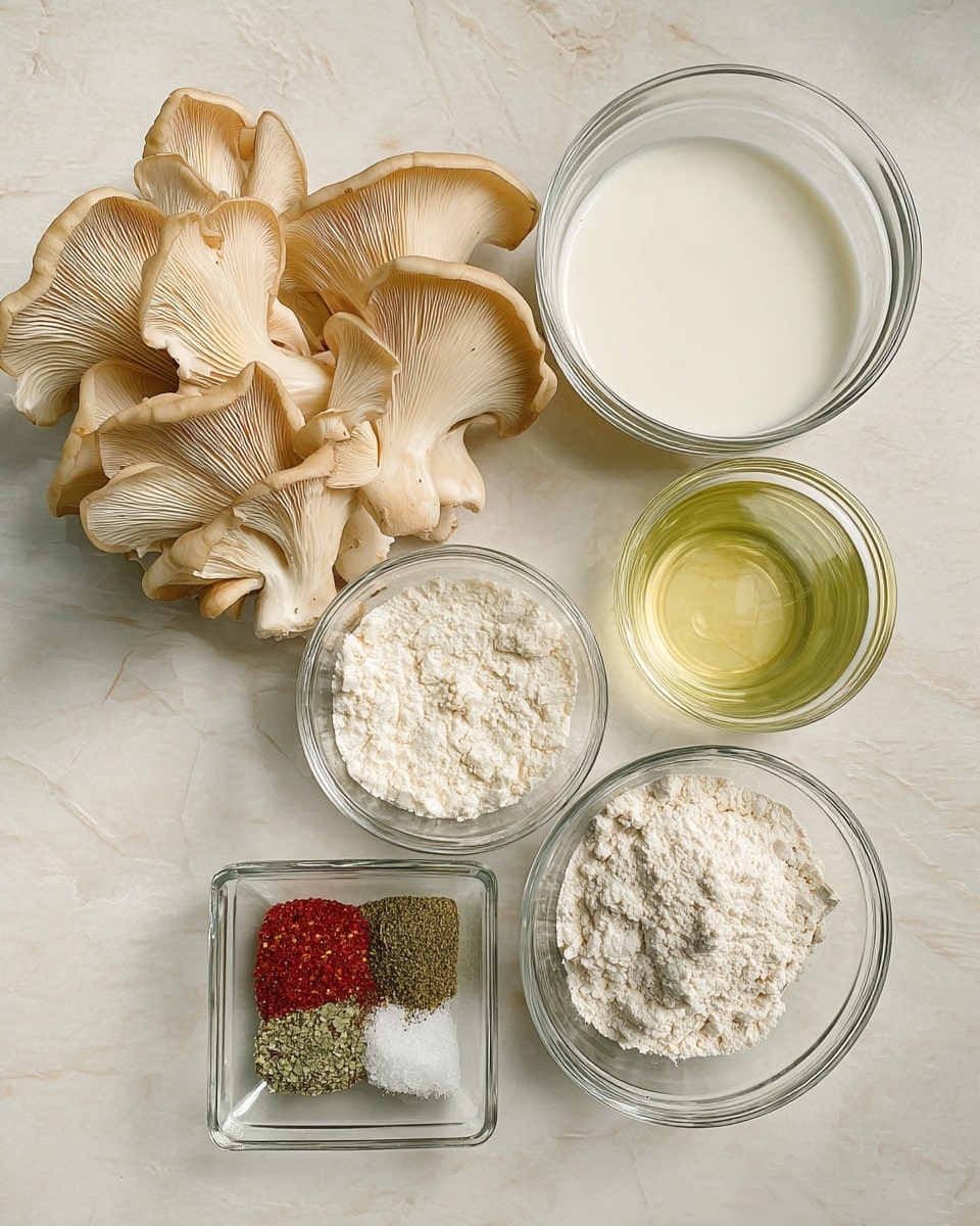 The image shows several cooking ingredients arranged neatly on a white marbled surface. On the left, there is a cluster of light beige oyster mushrooms with smooth, curved caps. To the right, there are two clear glass bowls: the top one filled with white milk and the bottom one with a pale yellow cooking oil. Below them, two more clear glass bowls sit side by side; the left bowl contains a white powder that looks like baking powder, and the right bowl holds white flour. In the center, a small clear square dish contains four piles of spices in red, green, white, and black colors, neatly separated but close together. photo taken with an iphone --ar 4:5 --v 7