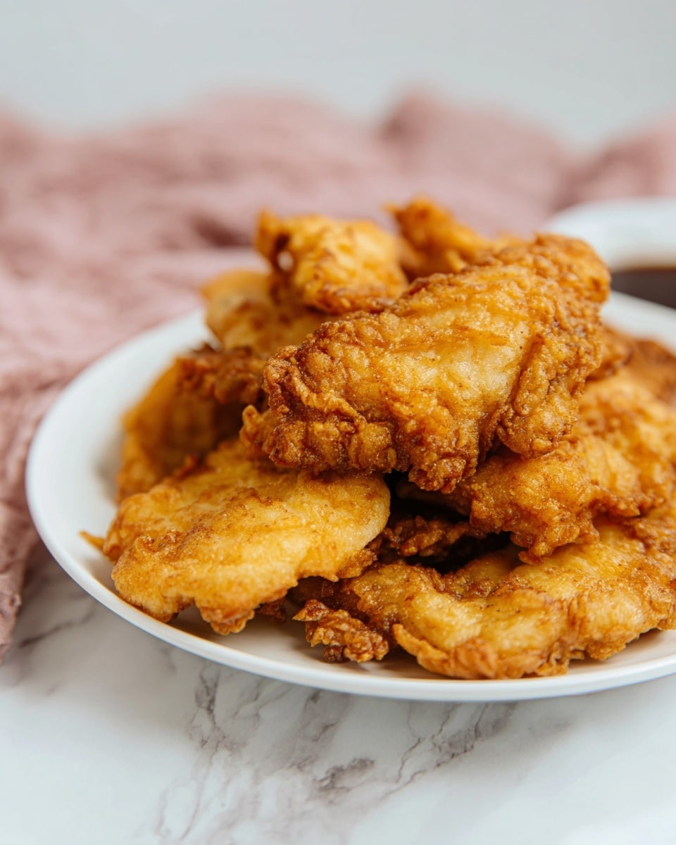 A white plate holds a stack of several pieces of golden brown fried food with a rough, crunchy texture. The pieces have irregular shapes and edges, with some looking crispier and darker on the outside while others are lighter and slightly smoother. The background is a soft pink cloth and the plate is set on a white marbled surface. Photo taken with an iphone --ar 4:5 --v 7