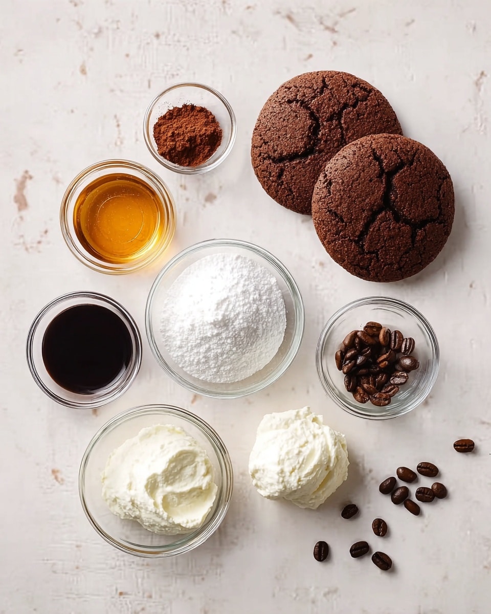 The image shows a top view of baking ingredients arranged on a white marbled surface. At the center, there are two round dark brown cookies with a cracked texture. Around them are six small clear glass bowls, each holding different ingredients: one with dark brown cocoa powder, one with white powdered sugar, one with amber-colored syrup, one with a small amount of vanilla extract that is dark brown, one with a smooth white cream, and one with thick white cream cheese. Scattered around the bowls and cookies are a few dark brown oval coffee beans. The scene is well lit with soft natural light, giving it a clean and simple look. photo taken with an iphone --ar 4:5 --v 7