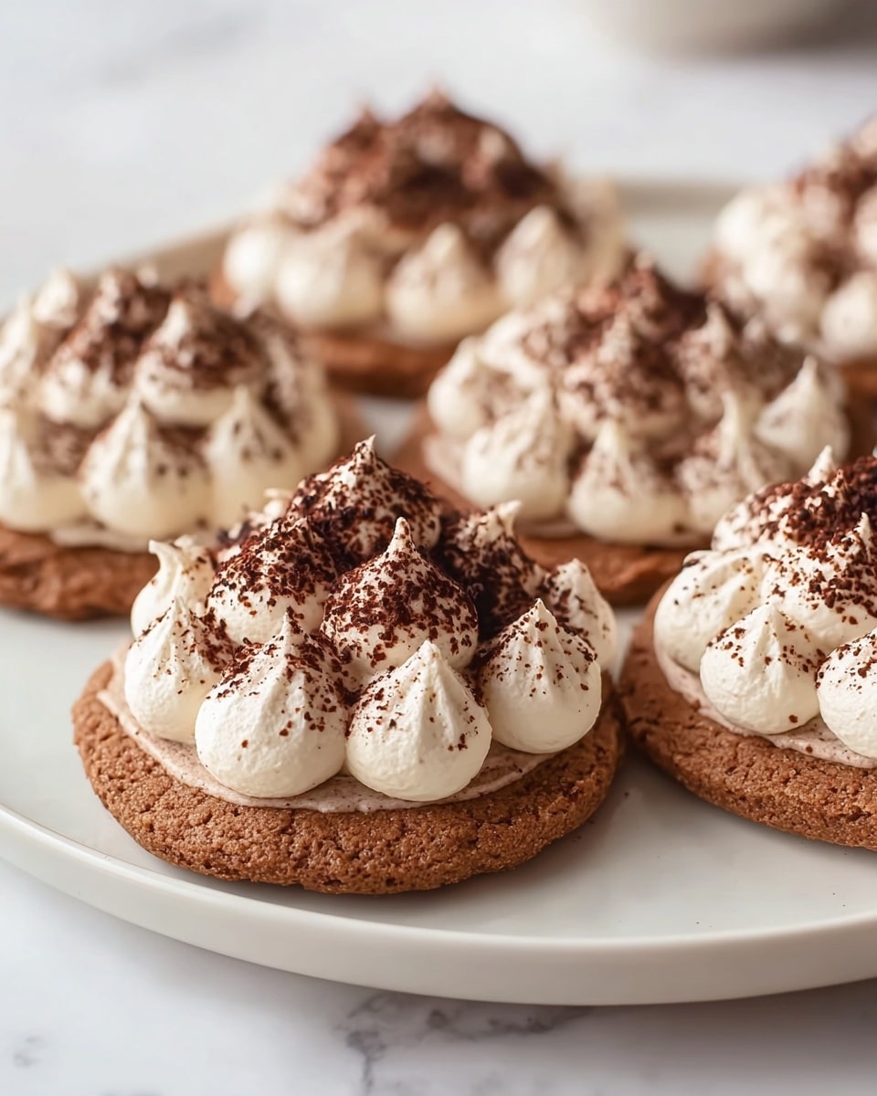 The image shows five round cookies on a white plate with a white marbled surface underneath. Each cookie has a single thick layer of soft, light brown cookie base. On top of each cookie, there are many dollops of creamy white frosting, evenly spaced and shaped like small peaks. The frosting is dusted with cocoa powder, giving the peaks a textured dark brown speckled look. The cookies are close together but not touching, and the focus is on the front cookie while the others blur slightly in the background. Photo taken with an iphone --ar 4:5 --v 7