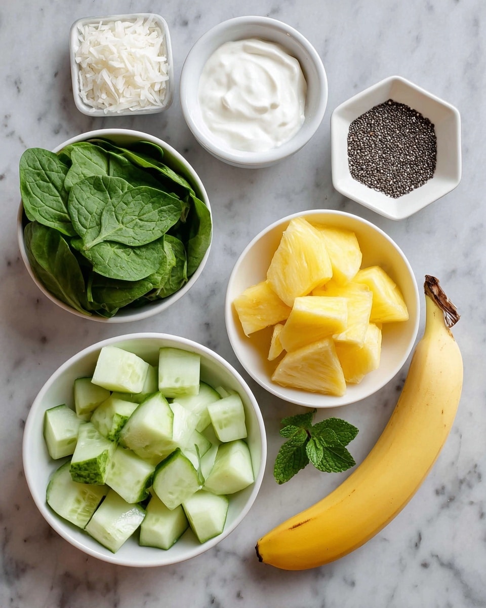 The image shows seven food items arranged on a white marbled surface. On the top left, there is a small white bowl with thick white yogurt. Next to it on the right, a small hexagonal bowl holds shredded white coconut. Further right, a white bowl is filled with yellow pineapple chunks. Below the pineapple, a few fresh green mint leaves lie on the surface. To the bottom left, a white bowl contains fresh green spinach leaves. Above the spinach bowl, a larger white bowl holds peeled cucumber pieces that are light green with a smooth texture, cut into chunks. Next to the spinach bowl on the right, a small white plate has black chia seeds. Finally, a whole yellow banana with a smooth skin is placed on the bottom right corner. Photo taken with an iphone --ar 4:5 --v 7