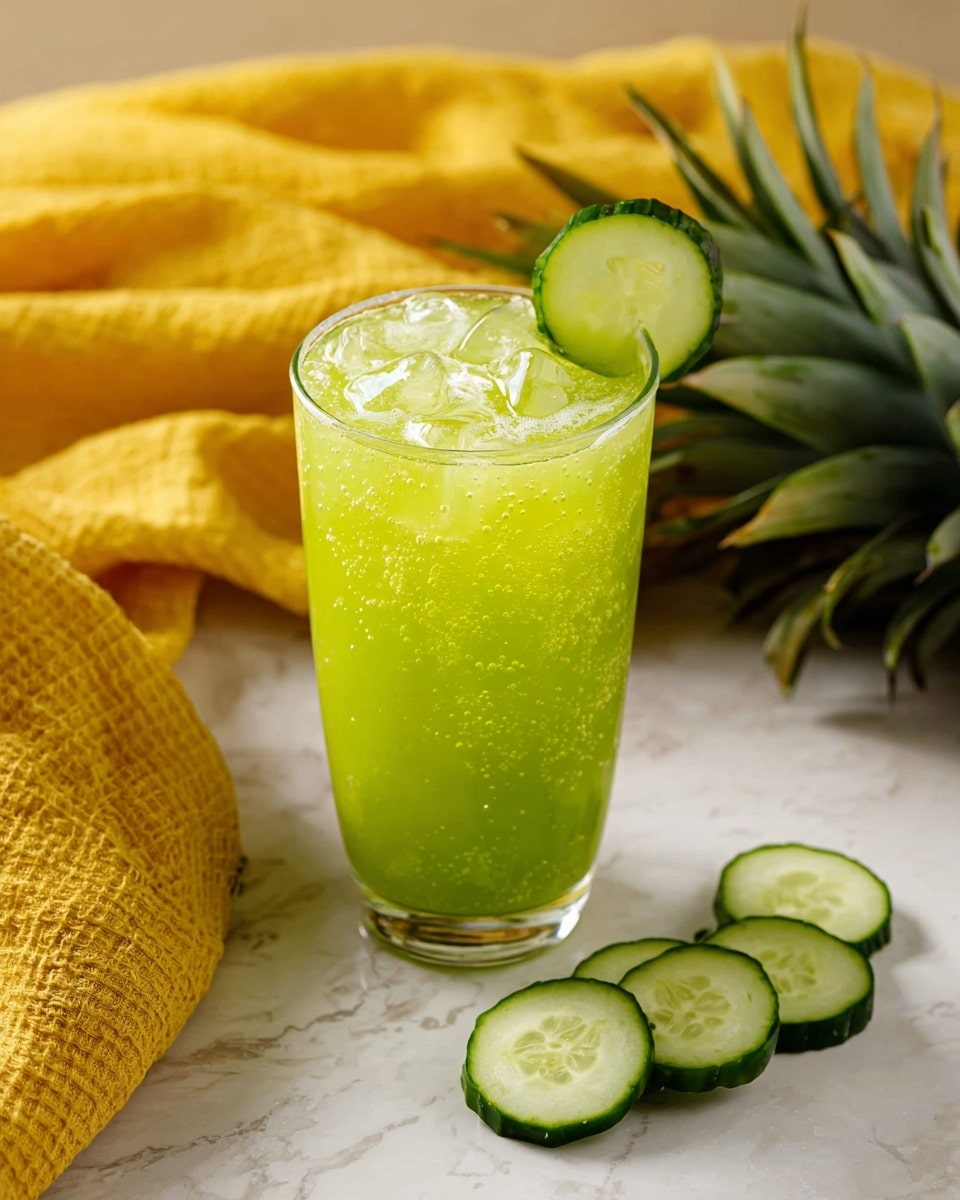 A tall clear glass filled with a bright green drink with light bubbles and floating ice cubes near the top, garnished with a fresh green cucumber slice on the rim. On the white marbled surface next to the glass are three round cucumber slices. A yellow textured cloth is softly draped in the background on the left, and on the right, parts of a pineapple’s green leaves are visible. photo taken with an iphone --ar 4:5 --v 7