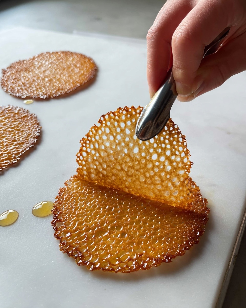 A close-up shot shows a woman’s hand using a metal spatula to lift a thin, round, golden-brown lace cookie with a bubbly texture. The cookie has a shiny surface with small holes and is placed on a white marbled flat surface. Two more cookies of similar color and texture lie nearby, slightly oval and round in shape. Drops of liquid, possibly oil or syrup, are scattered around the cookies on the white marbled surface. Photo taken with an iphone --ar 4:5 --v 7