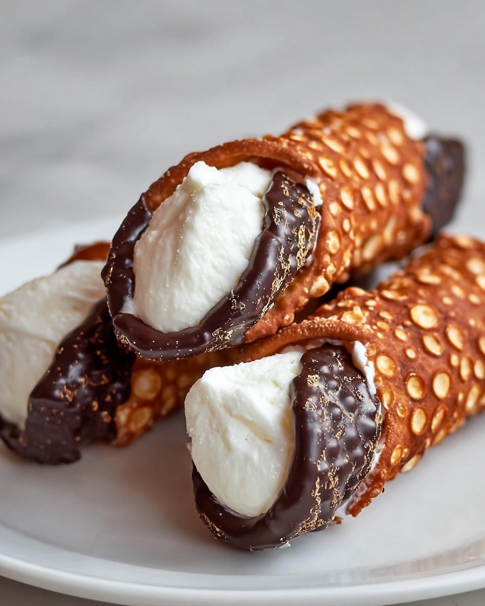 The image shows three cannoli stacked in a triangle shape on a white plate. Each cannoli shell is crispy and golden brown with a bubbly texture all over and is darkly dipped in chocolate at both ends. Inside, the filling is smooth and creamy white, slightly puffed out from the shells. The background is a white marbled surface, making the warm colors of the cannoli stand out. photo taken with an iphone --ar 4:5 --v 7