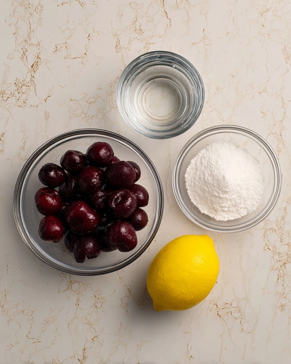 The image shows five items arranged on a white marbled surface: a clear glass bowl filled with dark red cherries taking up the left side, a small clear bowl with white powder nearby at the top right, a small glass with clear water above the cherries, a round glass bowl filled with white granulated sugar on the bottom right, and a bright yellow lemon placed beside the sugar bowl on the right side photo taken with an iphone --ar 4:5 --v 7