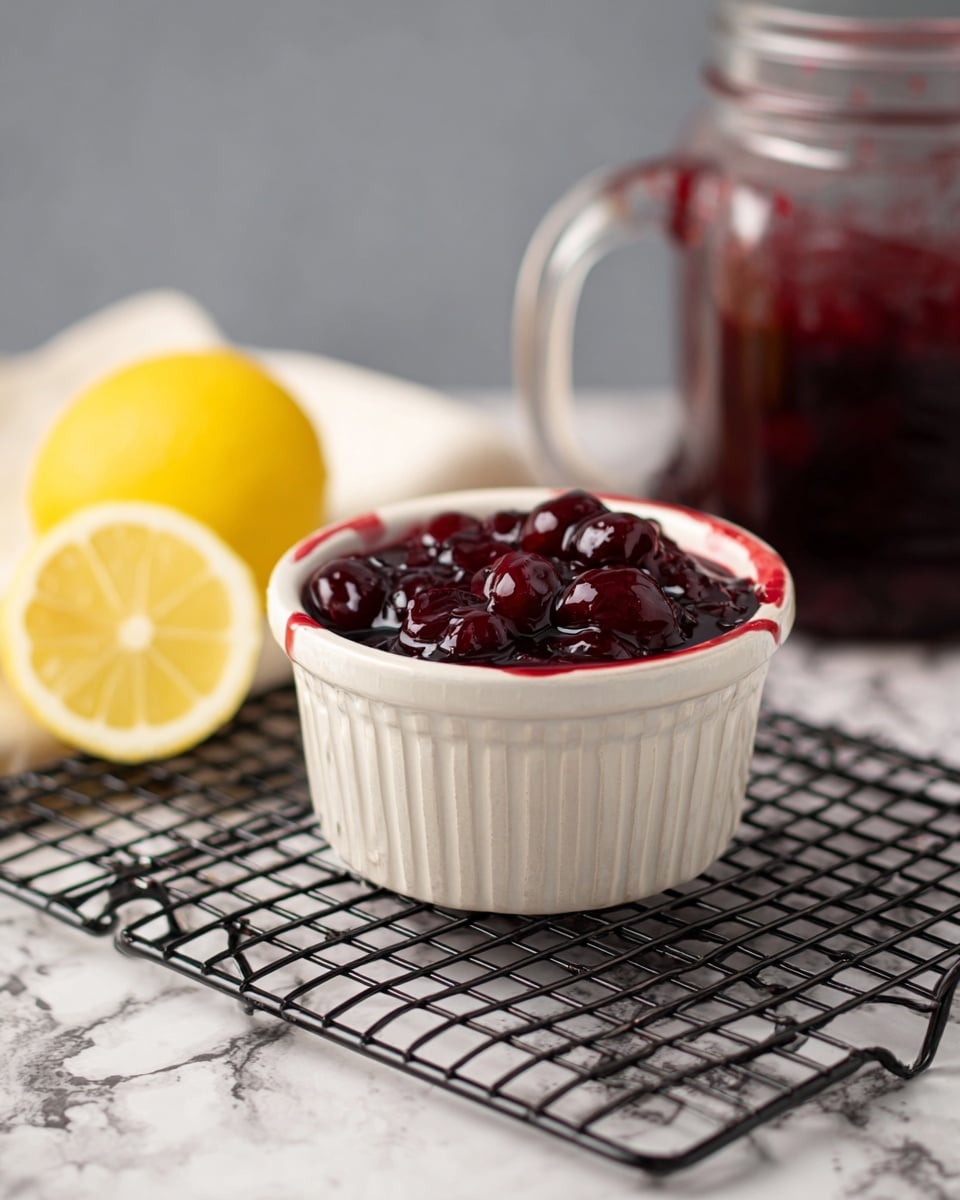A white textured ceramic ramekin filled with a thick, glossy dark red cherry sauce with visible whole cherries sits on a black wire cooling rack. Next to it on the left is a lemon half showing its bright yellow juicy inside. In the blurry background, there is a clear glass jar with a handle containing more of the same cherry sauce. The scene is set on a white marbled surface with a soft grey background. Photo taken with an iphone --ar 4:5 --v 7