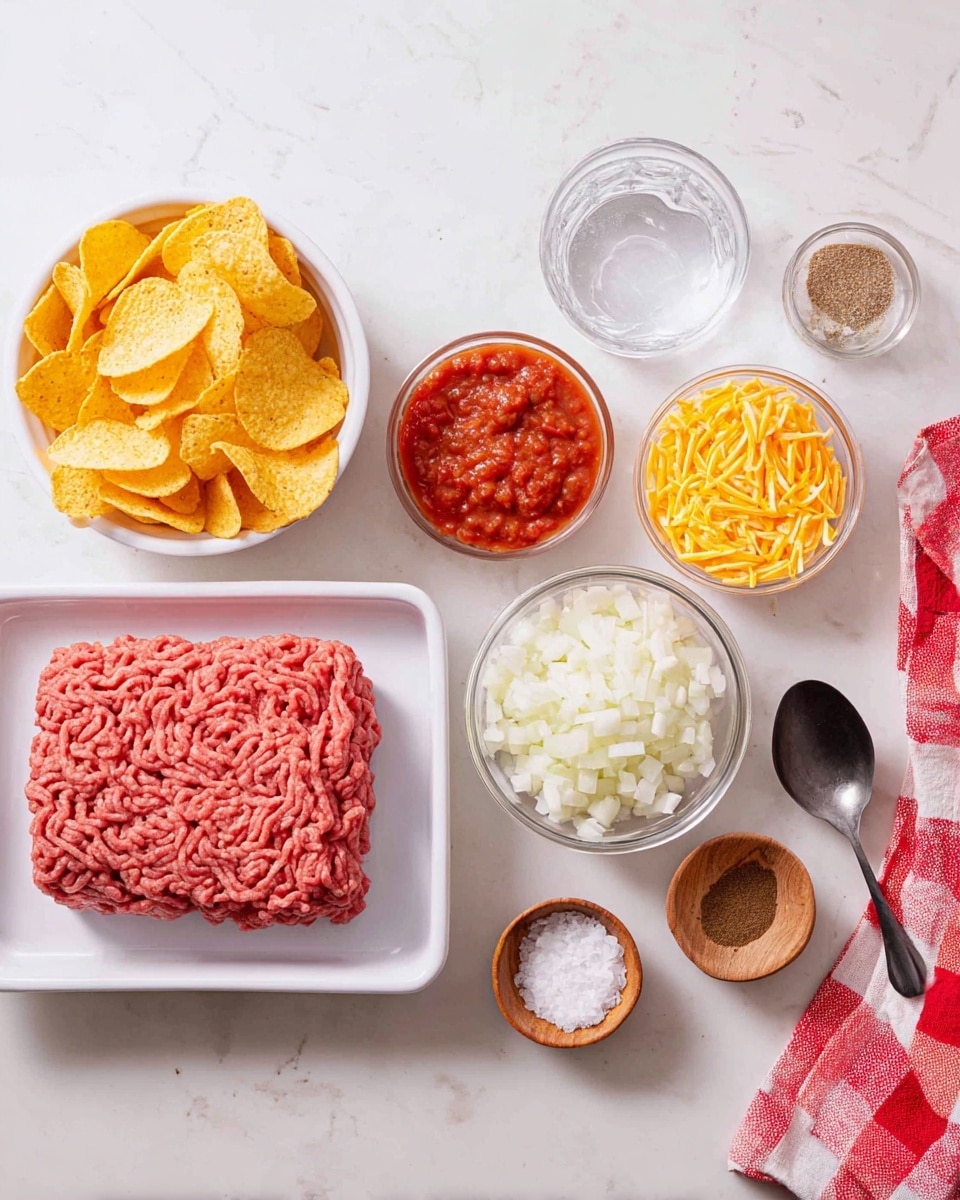 A white tray holds a block of raw ground beef with a pinkish-red color and soft texture. Next to it, there are eight small bowls arranged neatly on a white marbled surface: one bowl contains chunky red salsa, another has finely chopped white onions, and a third is filled with shredded yellow cheese. A white bowl is full of round, curved yellow corn chips. There is also a clear glass cup with water, and two small wooden bowls contain white salt and light brown powder. A glass bowl with brown seasoning and a black spoon sits nearby. A red and white checkered cloth is partially visible in the top right corner. photo taken with an iphone --ar 4:5 --v 7