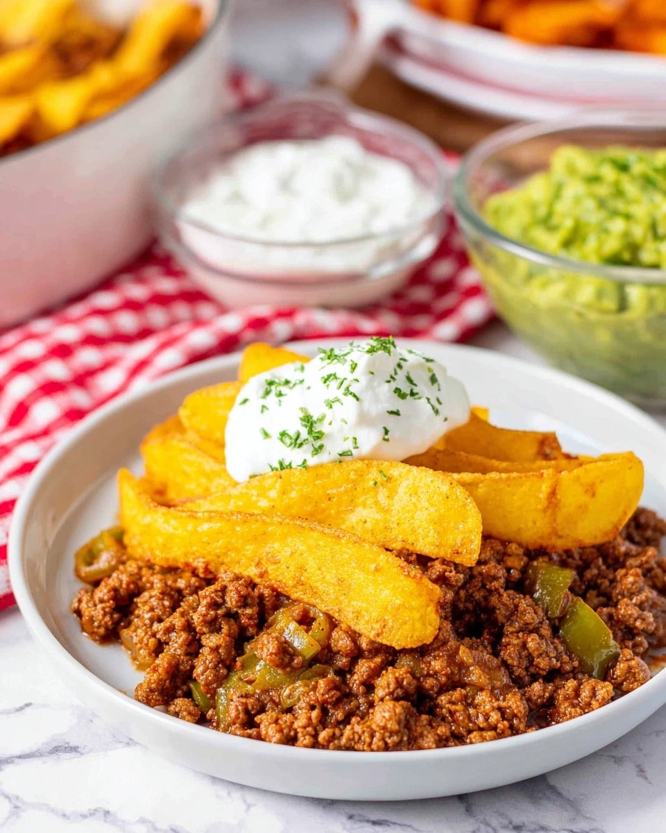 The dish is served on a white plate with three main layers. The bottom layer consists of cooked ground meat mixed with small pieces of green peppers, giving it a chunky and slightly oily texture in brown and green colors. On top of the meat, there is a layer of thick, curved yellow chips that stand upright and cover most of the meat. The top layer is a dollop of white sour cream sprinkled with green herbs. In the background, there is a glass bowl filled with green guacamole and another with white sour cream, all placed on a white marbled surface next to a red and white checkered cloth. Photo taken with an iphone --ar 4:5 --v 7