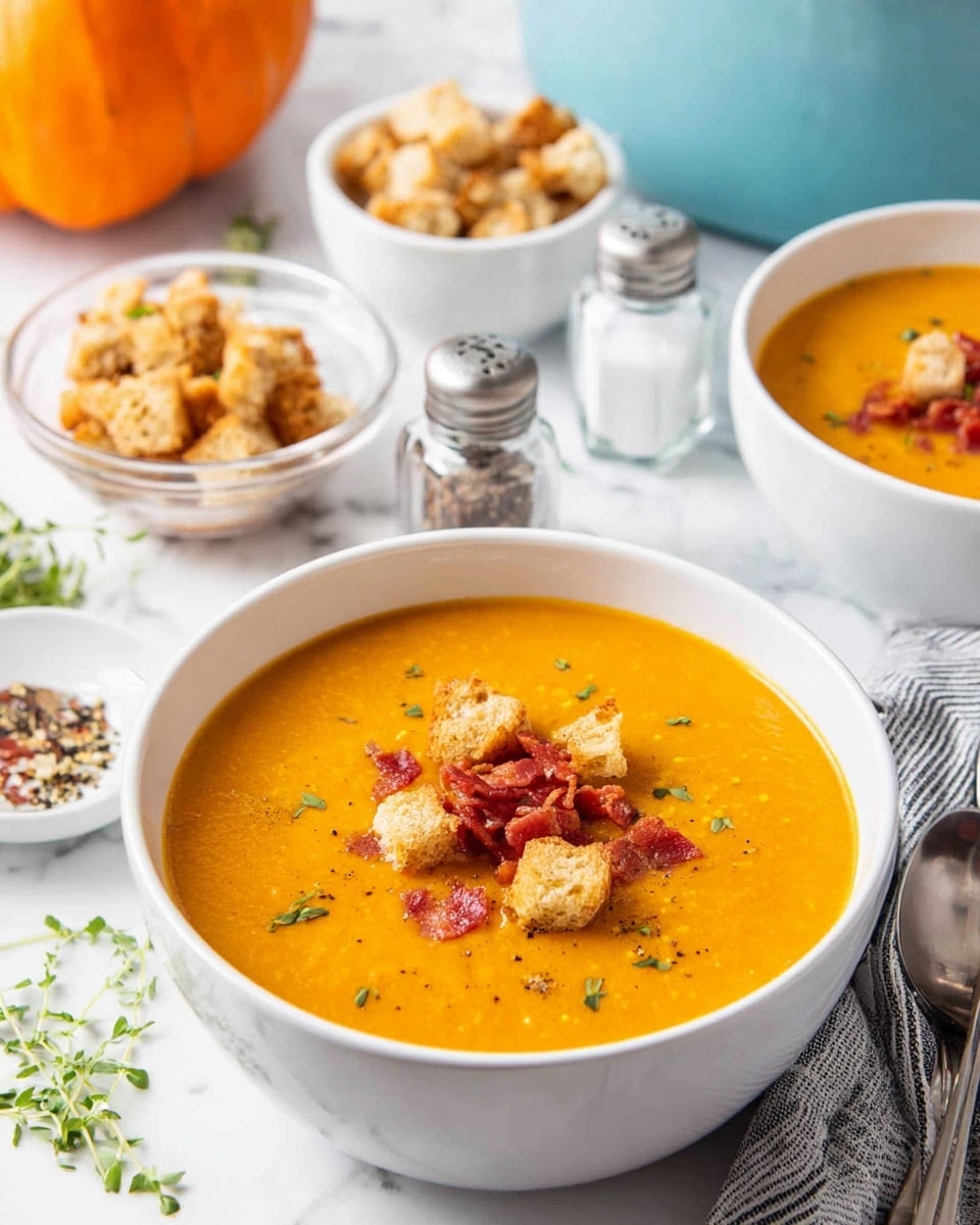 The image shows a white bowl filled with smooth, bright orange soup. On top of the soup, there are small light brown croutons and tiny pieces of dark red bacon spread mostly on one side. Some green herbs are scattered on the soup’s surface. In the background, there is another white bowl of the same soup, a small glass bowl with more bacon bits, a small white bowl filled with croutons, salt and pepper shakers, and a light blue pot. The scene is set on a white marbled surface with a few green herb sprigs and a gray and white striped cloth. Photo taken with an iphone --ar 4:5 --v 7