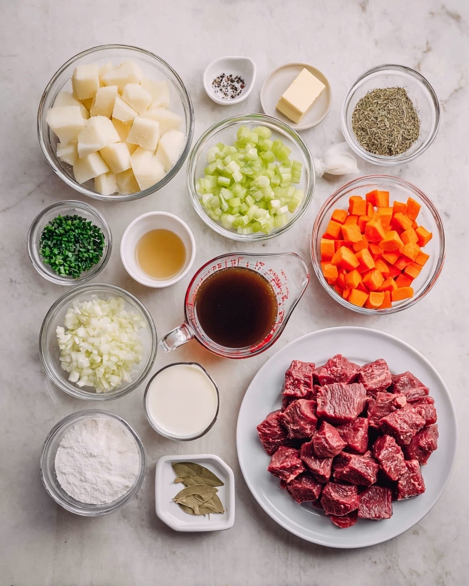 The image shows a top view of many ingredients arranged neatly on a white marbled surface. In the center right, there is a white plate filled with dark red raw beef chunks. Around it are several clear and white bowls: one with large white potato pieces, a bowl with bright orange sliced carrots, one with chopped green celery, another with chopped white onions, and small bowls with chopped green herbs, minced garlic, and seasonings like salt and pepper. There is also a glass measuring cup with dark brown liquid, another with a lighter brown liquid, and a small cup with vanilla extract. A glass bowl holds a white powder likely flour, next to a small glass of milk, a small cube of butter, and a small white dish with dried herbs and some bay leaves. All items are carefully placed, showing a colorful and well-organized cooking setup. Photo taken with an iphone --ar 4:5 --v 7