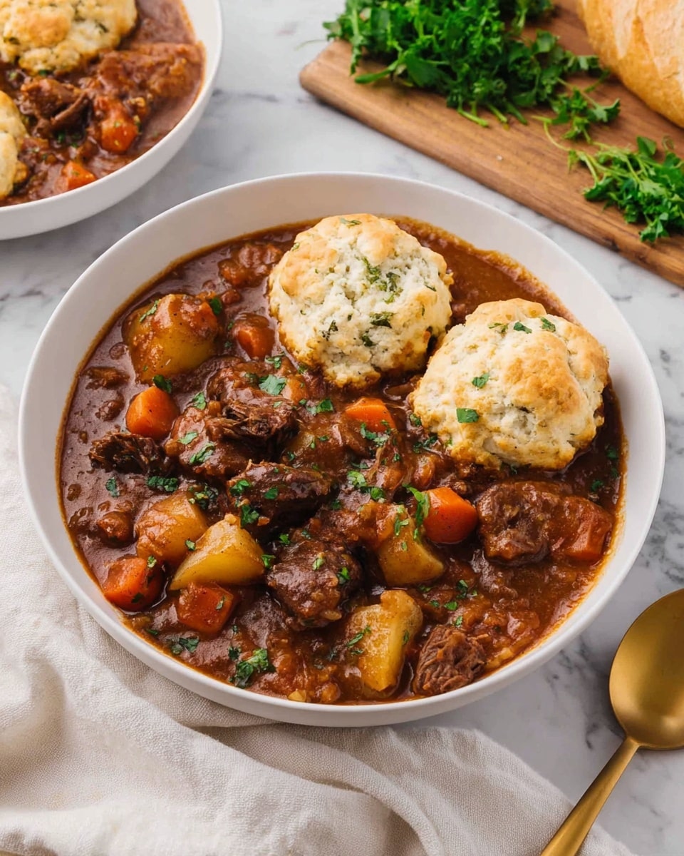 A white bowl filled with a thick brown stew that contains chunks of beef, bright orange carrot slices, and small pieces of potatoes, all soaked in a rich sauce. On top, there are three fluffy biscuit rounds that are golden-brown on the edges and white on top with specks of herbs, slightly soaking in the sauce. The bowl is set on a white marbled surface, with a white cloth on the side and a gold spoon placed next to it. In the background, there is a white bowl with the same stew, a wooden board with fresh green parsley, and a piece of bread. photo taken with an iphone --ar 4:5 --v 7