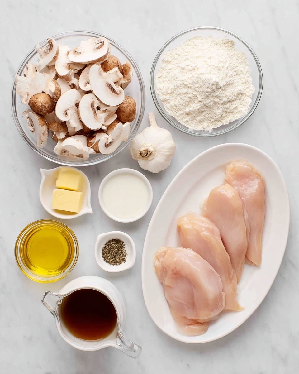 The image shows an overhead view of ingredients arranged neatly on a white marbled surface. On the right, there is a white oval plate with three large, raw, pale pink chicken fillets. To the left of the chicken, a clear glass bowl is filled with halved white and brown mushrooms. Above the mushroom bowl, there is a small glass bowl with a mound of white flour. Next to the flour, slightly higher, are two peeled garlic cloves and a small square of light yellow butter. Nearby, a small white dish holds three sections of spices: black pepper, dried oregano, and salt. Below and slightly to the left of the spices, a small glass bowl contains a pale yellow liquid, likely oil. Below the oil, a small pitcher is filled with a dark brown liquid. To the left of this pitcher, another small glass pitcher holds a white liquid, probably milk or cream. The layout is clean and simple, with clear separation between ingredients, and the photo taken with an iphone --ar 4:5 --v 7