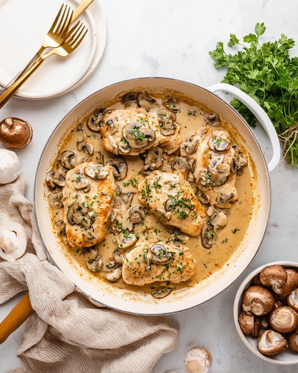 A white pan contains four pieces of cooked chicken topped with a creamy light brown mushroom sauce. The sauce is thick and covers the chicken, showing sliced cooked mushrooms all over. Chopped green herbs are sprinkled on top of the chicken and sauce for a fresh touch. Around the pan, there is a white marbled surface with a white plate and a gold fork on the left, a light cloth napkin under the pan, a wooden spoon on the top right, some green fresh parsley on the right, and a small white pot filled with mushrooms at the bottom right. Photo taken with an iphone --ar 4:5 --v 7