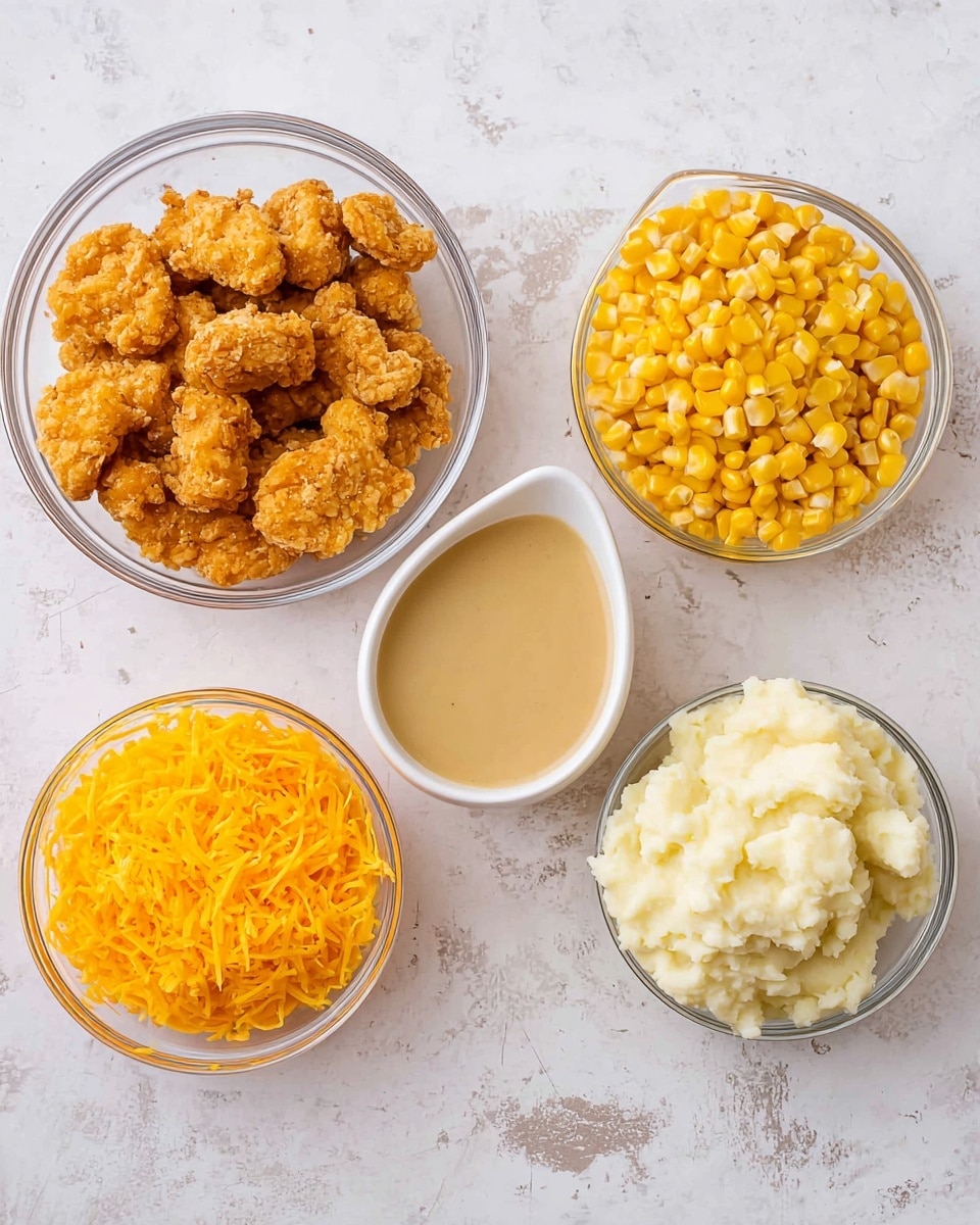 Five clear glass bowls and a white sauce boat sit on a white marbled surface. The top left bowl holds many pieces of golden brown fried chicken nuggets with a crunchy texture. To its right, the next bowl is filled with bright yellow corn kernels. At the bottom left, a smaller bowl is full of shredded orange cheddar cheese. Next to it in the middle is a white sauce boat containing smooth, light brown gravy. The bottom right clear bowl has a mound of creamy white mashed potatoes with a slightly lumpy texture. photo taken with an iphone --ar 4:5 --v 7