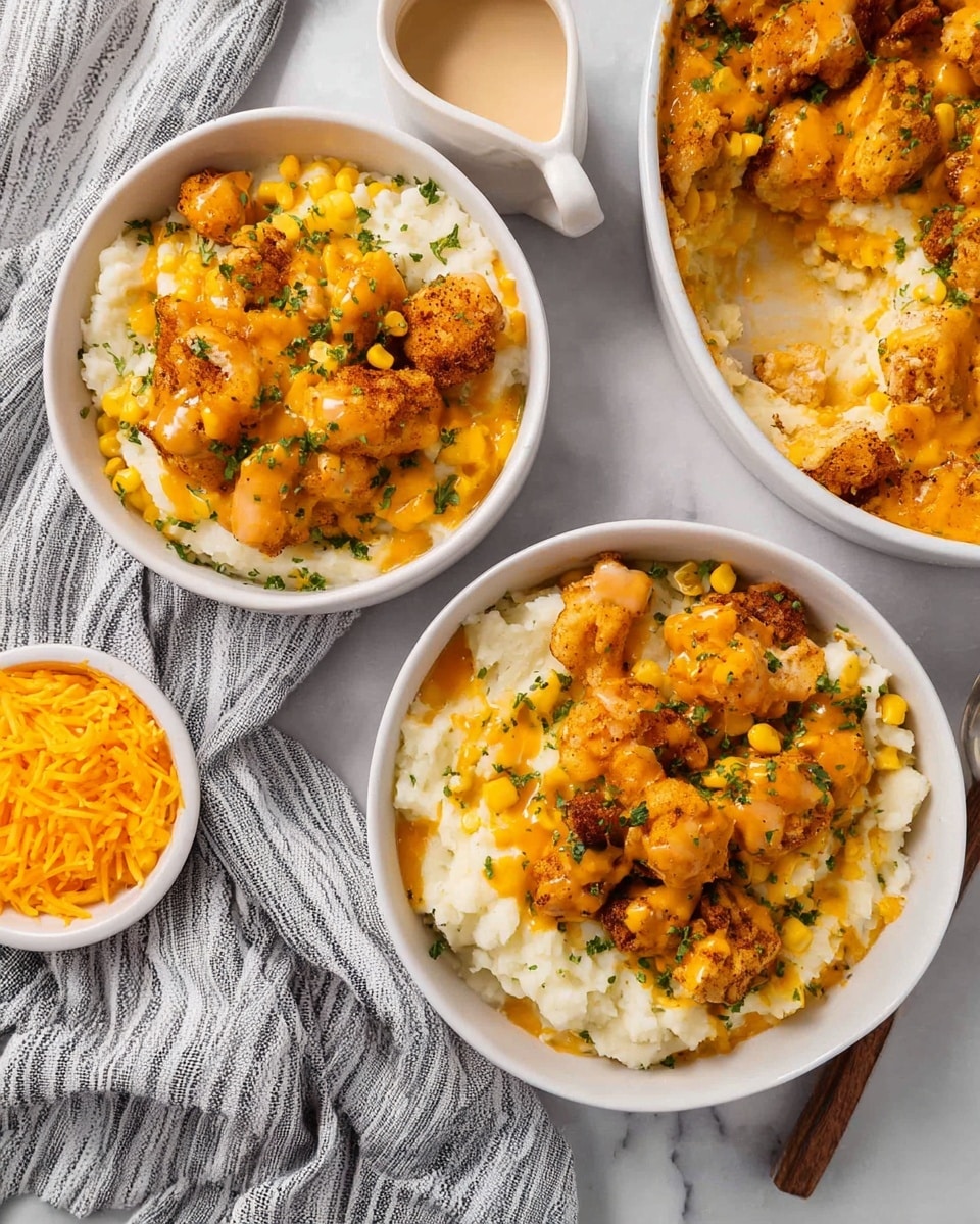 The image shows a white bowl filled with three layers: the bottom layer is smooth white mashed potatoes, the middle layer is bright yellow corn kernels mixed with small brown pieces of crispy fried chicken, and the top layer is melted light orange cheese sprinkled with green herbs. Next to this bowl is another bowl with the same layered food. In the upper right corner, there is a white casserole dish also filled with the same three-layered food, showing a melted cheese top with golden brown crispy chicken pieces and sprinkled green herbs. In the upper center, there is a small white pitcher with creamy sauce. A small white bowl filled with shredded orange cheese sits near the bottom left corner, resting on a gray and white striped cloth on a white marbled surface photo taken with an iphone --ar 4:5 --v 7