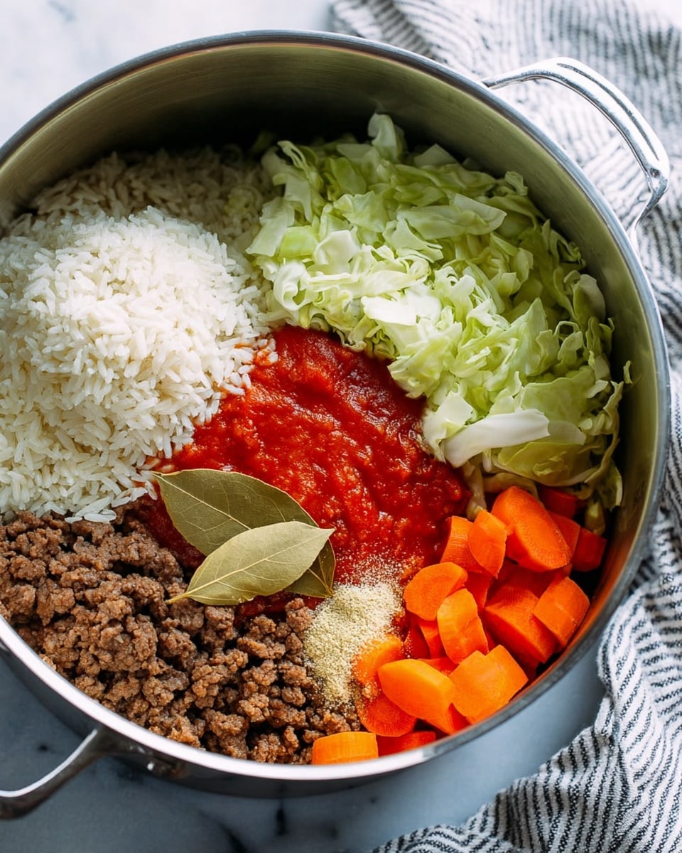 A metal pot filled with different layers of ingredients arranged separately on top. There is a mound of white rice in the upper left, next to shredded light green cabbage pieces on the right side. Below the rice is a smooth bright red tomato sauce, and below the cabbage are chopped orange carrots. In the lower middle, there is cooked brown ground meat with two brown bay leaves on top, and a small pile of light brown granulated seasoning next to the carrots. The pot sits on a white marbled surface with a striped cloth nearby. photo taken with an iphone --ar 4:5 --v 7
