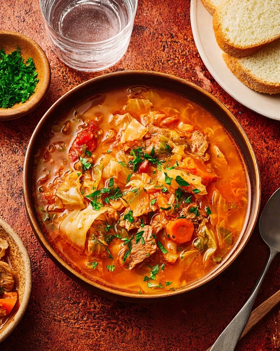 A brown bowl filled with a chunky soup that has a mix of light brown cooked meat pieces, bright orange carrot chunks, soft white cabbage pieces, red tomato bits, and sprinkled green herbs on top, all in a thick orange-red broth. The bowl sits on a rough reddish-brown surface with a small wooden bowl of green herbs, a glass of water, and a white plate holding three thick slices of light yellow bread nearby. Photo taken with an iphone --ar 4:5 --v 7