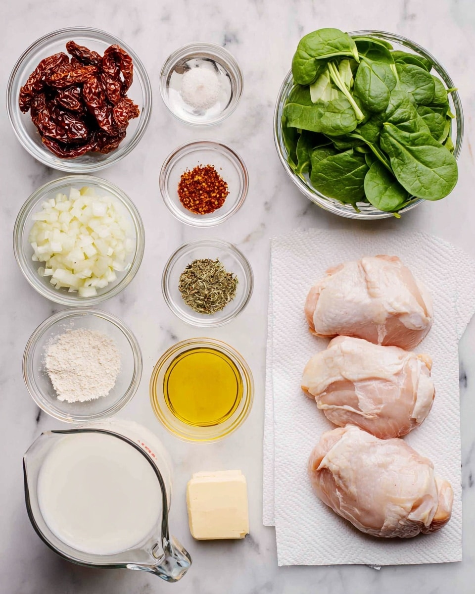 A flat lay of raw ingredients set on a white marbled surface, featuring four pieces of raw chicken placed on a white paper towel on the right side, and a small bunch of fresh green spinach leaves above them. To the left, there are several clear glass bowls and small dishes containing different items: sun-dried tomatoes in dark red color in a large bowl at the top left, chopped white onions in a medium bowl below them, minced garlic in a small dish, olive oil in a small clear bowl with a golden-yellow color, black pepper, dried thyme, red chili flakes, salt, and a light yellow liquid, likely broth, in a clear measuring cup with a handle. A white powder, likely flour, and a bowl with white cream or milk are also visible. A small piece of butter rests near the bottom left. The overall scene is bright and clean, with well-organized ingredients ready for cooking, photo taken with an iphone --ar 4:5 --v 7