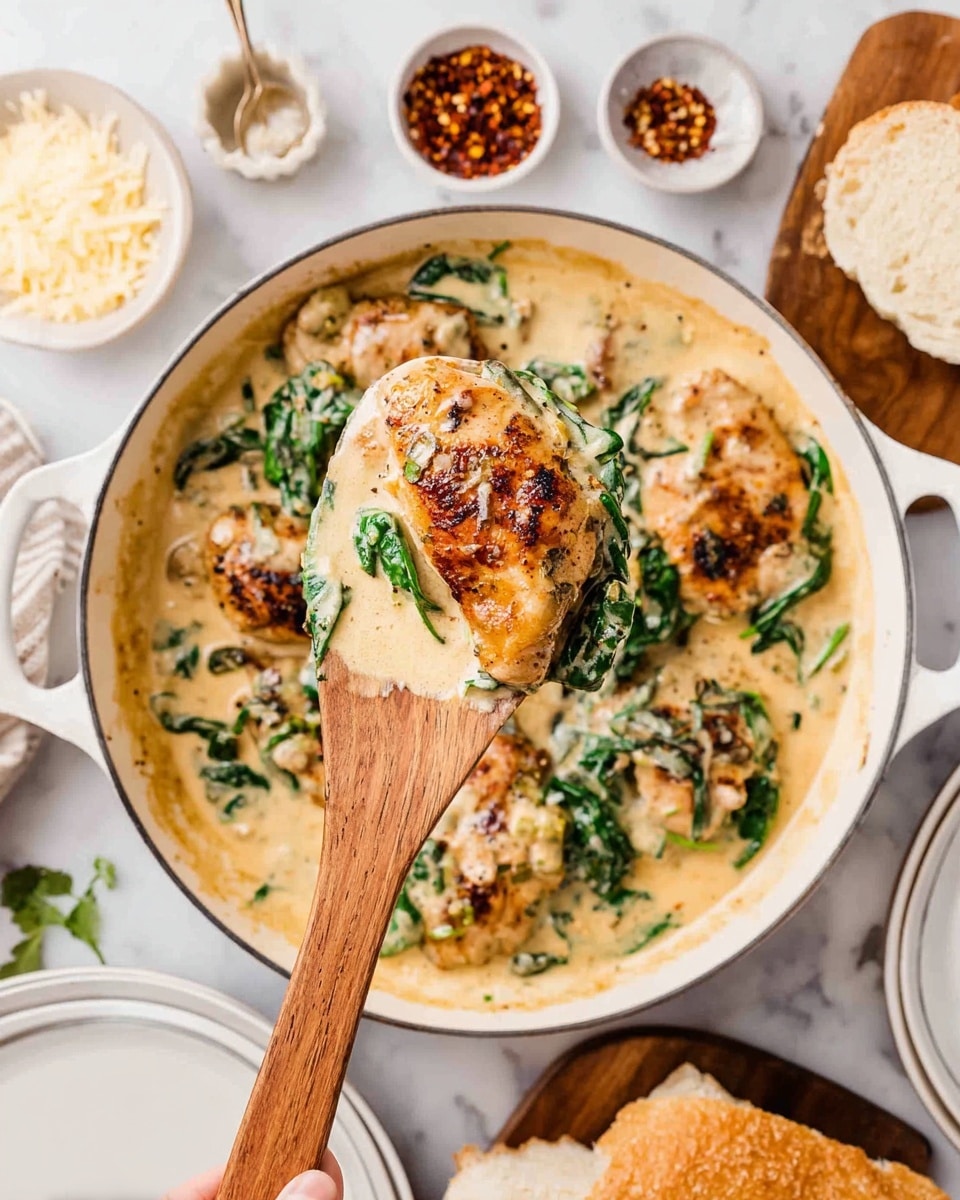 A white round pan filled with several grilled pieces of golden brown chicken covered in creamy light beige sauce, mixed with fresh green spinach leaves scattered on top. A wooden spatula holds one piece of chicken with sauce and spinach above the pan. The pan is placed on a white marbled surface, surrounded by a white plate, a small bowl of grated cheese, a small bowl of pepper, a container of red chili flakes, and some bread on the side. A woman's hand gently holds the wooden spatula. photo taken with an iphone --ar 4:5 --v 7