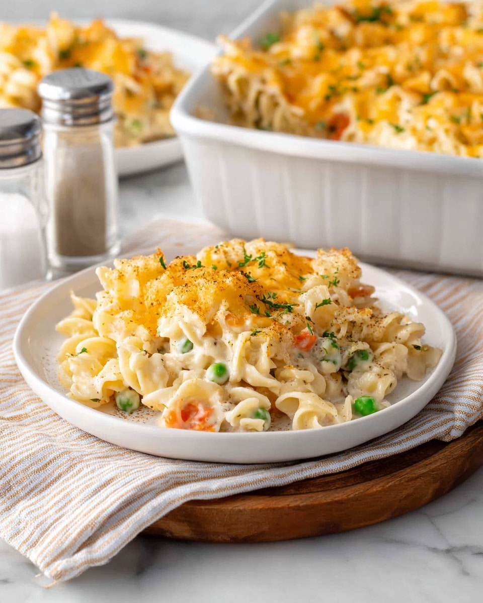 A white round plate holds a creamy layered pasta casserole serving. The bottom layer consists of soft, curly egg noodles mixed with small pieces of cooked vegetables like carrots and peas, all coated in a rich, creamy white sauce. On top, melted golden-orange cheese forms a slightly browned, bubbly crust with some green herbs sprinkled over it. The plate is placed on a wooden board with a light striped cloth to the side. In the background, a white baking dish with more of the same cheesy pasta casserole sits on a white marbled surface, along with a salt shaker nearby. Photo taken with an iphone --ar 4:5 --v 7