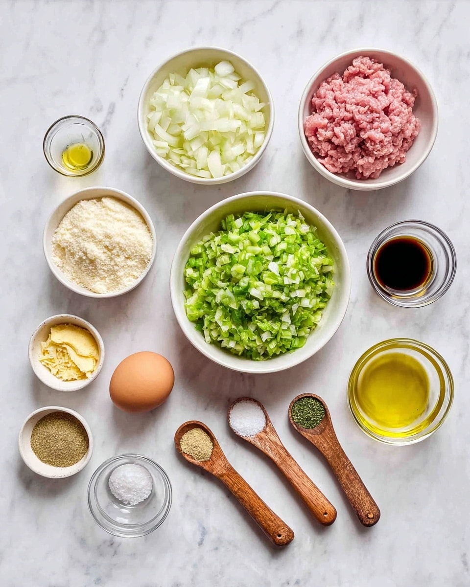 A collection of ingredients is neatly arranged on a white marbled surface, including a white bowl filled with finely chopped green vegetables in the center; above it, two white bowls hold chopped white onions on the left and pink ground meat on the right. To the right of these bowls is a brown egg in a small white bowl. In the lower left are small clear glass bowls containing light yellow mustard and off-white breadcrumbs. Next to these bowls are three measuring spoons with wooden handles, each filled with different spices—green herbs, light yellow powder, and coarse white salt. Also included are a small glass cup of dark liquid and a small transparent cup with yellow oil. Photo taken with an iphone --ar 4:5 --v 7