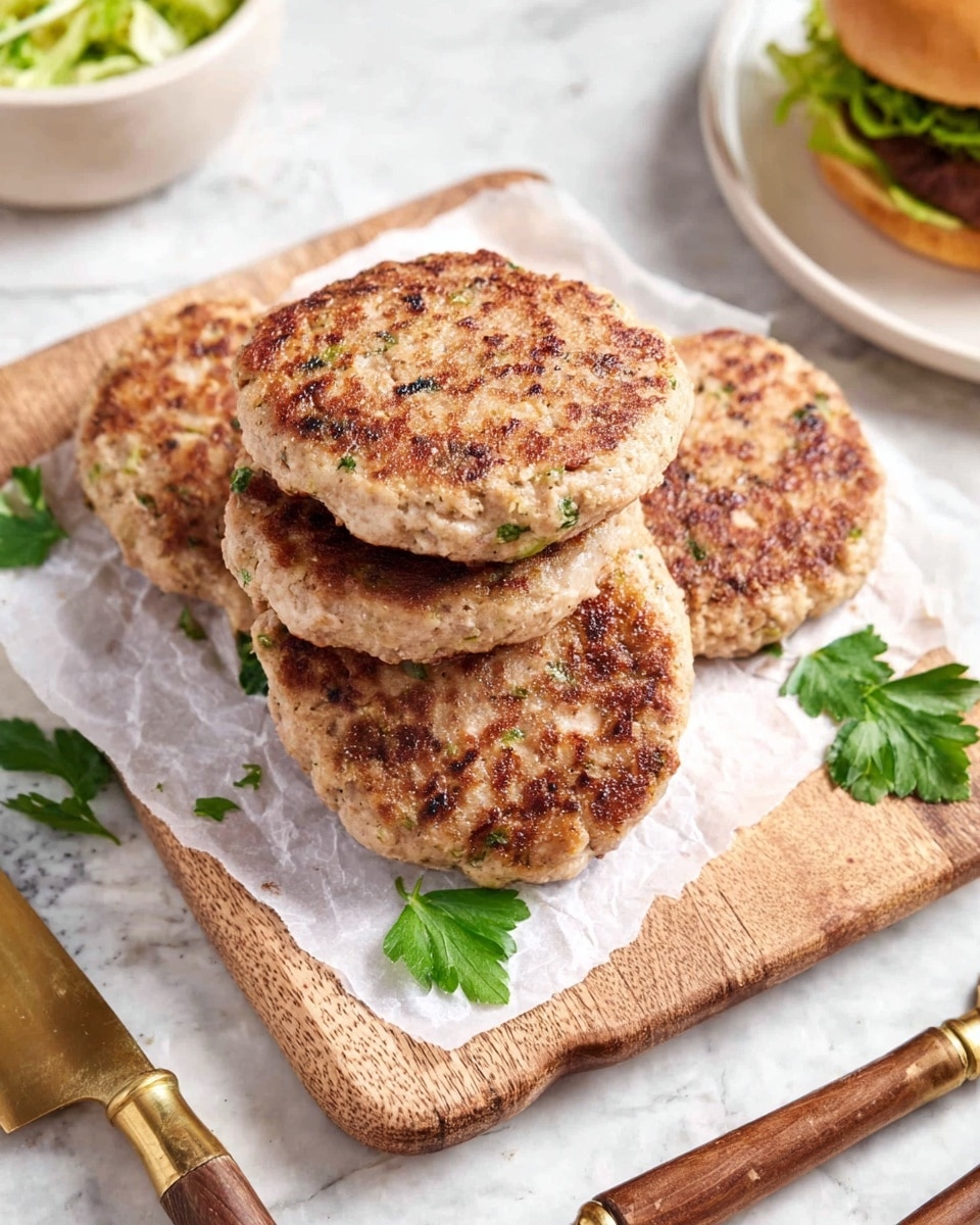 Four cooked turkey patties sit stacked in a loose pile on a piece of white parchment paper on a wooden board. The patties are light brown with darker browned spots and small bits of green herbs visible on them. Fresh sprigs of parsley are placed around the patties on the parchment. The setting is on a white marbled surface with part of a white bowl of green salad visible at the top right and a white plate with a burger partly in the frame at the bottom right. Wooden kitchen utensils with brass handles lay around the cutting board. photo taken with an iphone --ar 4:5 --v 7