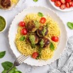 Pesto Chicken Meatballs with Pasta and Tomatoes Recipe