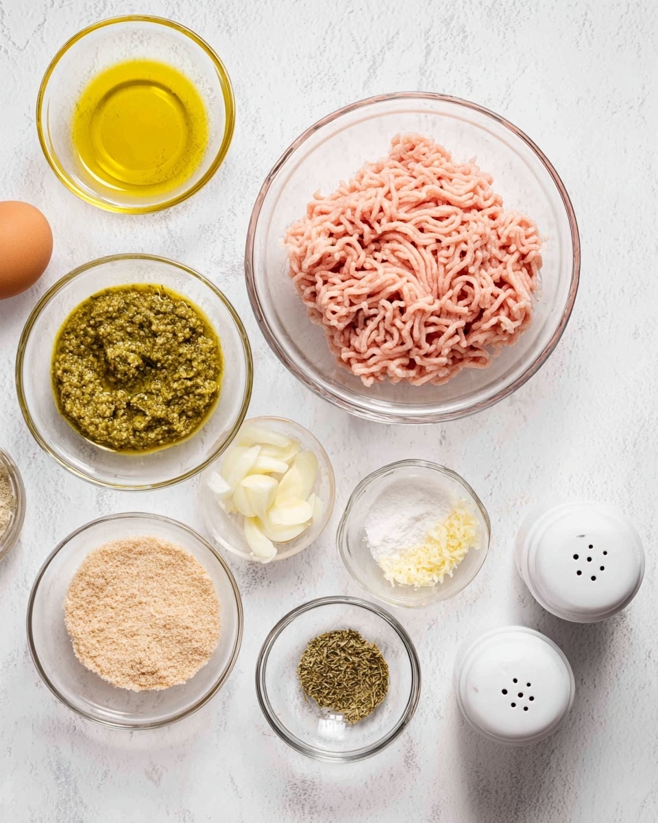 The image shows eight clear glass bowls and two white salt and pepper shakers arranged on a white marbled surface. The largest bowl in the center holds pink raw ground meat with soft, stringy texture. To its left, a bowl contains green pesto sauce with a rough texture, and above it, a bowl with light brown breadcrumbs. Above the breadcrumbs, a bowl with bright yellow oil is visible. To the far left, a smaller bowl holds a single brown egg. To the right of the meat bowl, a small bowl contains finely chopped pale yellow garlic, below it a bowl with white granulated onion powder, and below that a tiny bowl with dried green herbs. The salt and pepper shakers are positioned in the upper right corner. The arrangement is neat and evenly spaced. Photo taken with an iphone --ar 4:5 --v 7