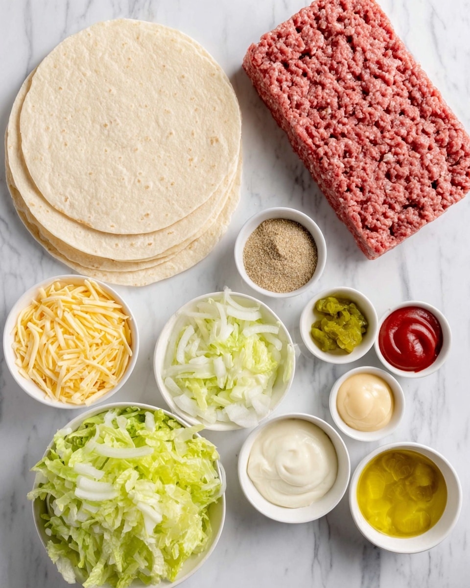 The image shows a white marble surface with a stack of three round, plain tortillas on the left side. Next to the tortillas, there is a rectangular block of raw ground beef in a simple shape. Small round white bowls hold shredded yellow cheese, chopped white onions, shredded green lettuce, light brown mayonnaise, ketchup, mustard, salt and pepper mix, and a small amount of green relish. Each bowl is neatly arranged in a loose circle. The colors include beige, red, white, yellow, green, and some brown spices. photo taken with an iphone --ar 4:5 --v 7