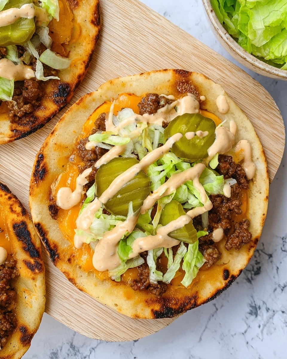 The image shows a toasted, round tortilla with a slightly charred, golden-brown surface as the base layer. On top of the tortilla is a layer of cooked ground meat, dark brown and crumbly in texture. Over the meat, there are bright orange melted cheese slices spread evenly. Scattered on the cheese are pieces of light green shredded lettuce, adding a fresh and crisp texture. Several green pickles are placed in the center, partly covering the lettuce. The entire dish is drizzled generously with a creamy light beige sauce, which has a smooth texture and is spread in small drops and lines across the top. The tortilla sits on a light-colored wooden board, with a white marbled surface nearby, and parts of another similar tortilla appear at the edges. A bowl with green lettuce is partially visible at the corner. Photo taken with an iphone --ar 4:5 --v 7