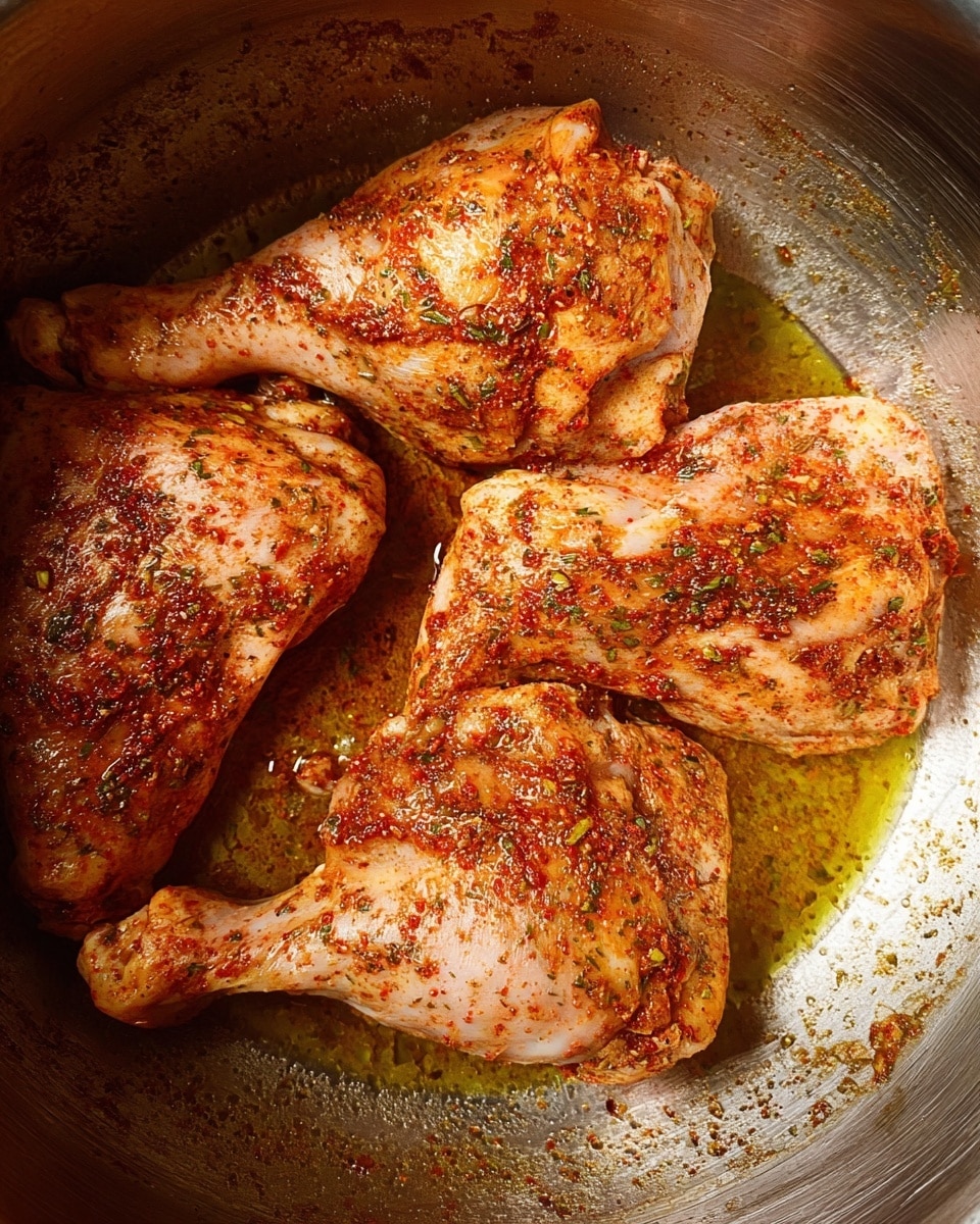 The image shows four chicken legs placed closely together in a stainless steel pan. Each chicken leg is covered with a layer of reddish-brown seasoning mixed with herbs, giving the skin a textured and slightly oily look. The texture of the chicken skin is visible beneath the seasoning, showing small bumps and natural patterns. Around the chicken legs, there is a thin layer of golden oil that shines against the metal surface of the pan. The pan has a shiny, smooth interior with some browned bits near the edges, adding extra texture to the scene. photo taken with an iphone --ar 4:5 --v 7