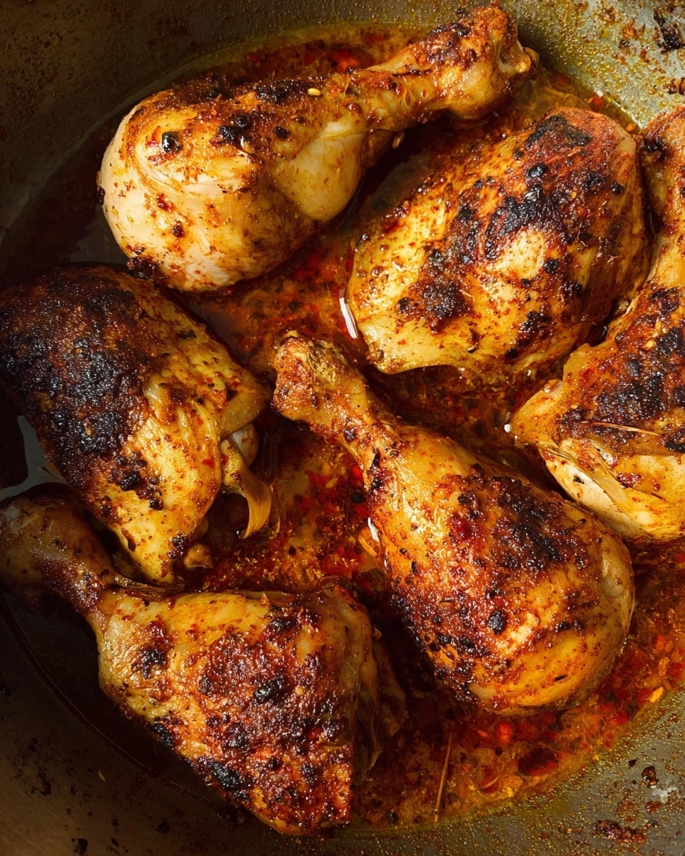 The image shows five cooked chicken drumsticks inside a metal pan, arranged closely together. Each drumstick has a golden-brown color with darker, slightly charred spots and visible seasonings spread unevenly across the skin. The meat sits in a shallow pool of reddish-brown oily sauce that glistens with cooked spices. The pan's inside surface is metal and slightly worn with some cooked residue visible. The overall look is a warm mix of golden, brown, and dark spices, showing a well-cooked and seasoned dish. photo taken with an iphone --ar 4:5 --v 7