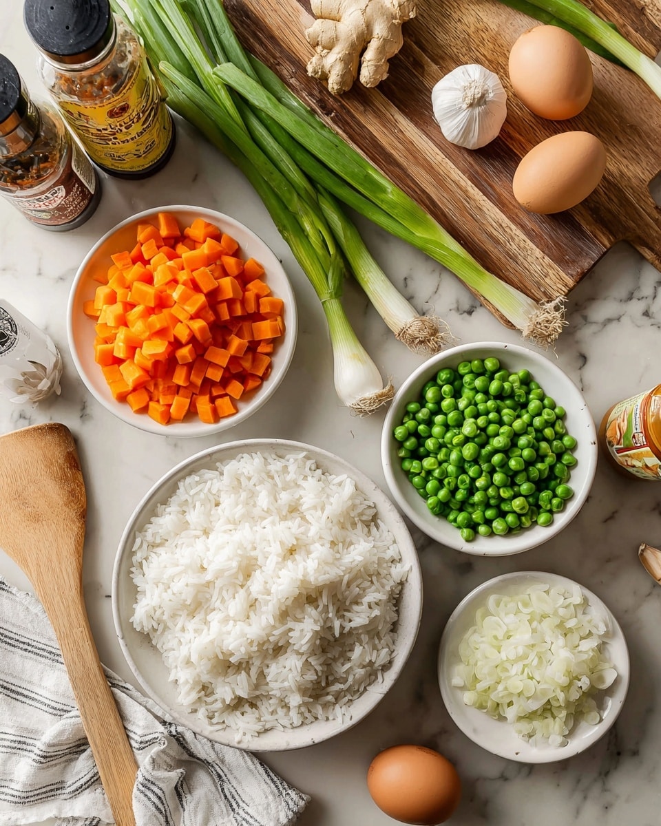 The image shows various fresh ingredients arranged for a meal preparation on a white marbled surface and a wooden board. In the center, there is a white bowl filled with cooked white rice, showing fluffy grains piled up. Above it, a white plate holds bright orange diced carrots, and a small white bowl stacked on top of the plate is filled with green peas. To the right, another white bowl contains chopped white onions with a piece of ginger root resting on the edge. On the wooden board above, there are several long green spring onions laid out, alongside bottles of sauces and a whole garlic bulb. Two brown eggs are placed near the bowl of rice. A wooden spatula with a light-colored handle is positioned on the lower-left corner beside a white and gray striped cloth. The scene gives a fresh and clean look, ready for cooking. photo taken with an iphone --ar 4:5 --v 7