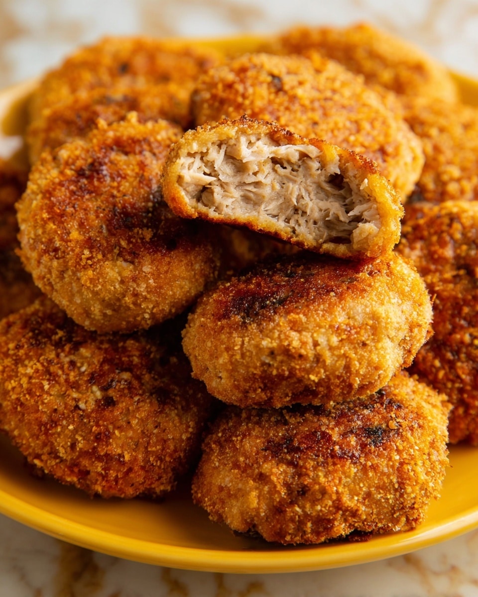 A close-up of a yellow plate filled with round, crispy fried patties with a rough, crunchy golden-brown coating. One patty is held above the others showing a bite taken out of it, revealing a soft, light beige inside with a shredded texture. The patties are piled in layers, the top layer including the bitten piece in the center, surrounded by whole patties, all of similar size and color. The surface under the plate is a white marbled texture. photo taken with an iphone --ar 4:5 --v 7