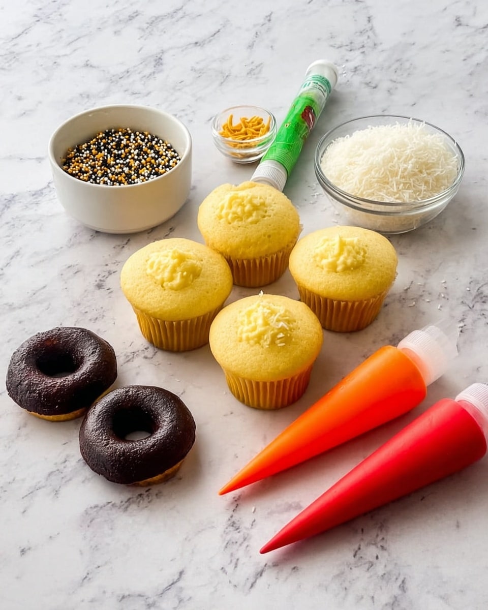The image shows four plain yellow cupcakes with a soft texture placed in the middle on a white marbled surface. In front of the cupcakes, there are two small dark brown mini doughnuts with a matte finish. To the left of the doughnuts, there is a small white bowl filled with a mix of black, white, and golden sprinkles. Above this bowl, there is a small green and white tube next to a clear glass bowl filled with grated white coconut. On the right side of the cupcakes, there are two piping bags, one filled with bright orange frosting and the other with bright red frosting, their tips pointing to the bottom right corner. The setup is neat with all items spaced evenly. Photo taken with an iphone --ar 4:5 --v 7