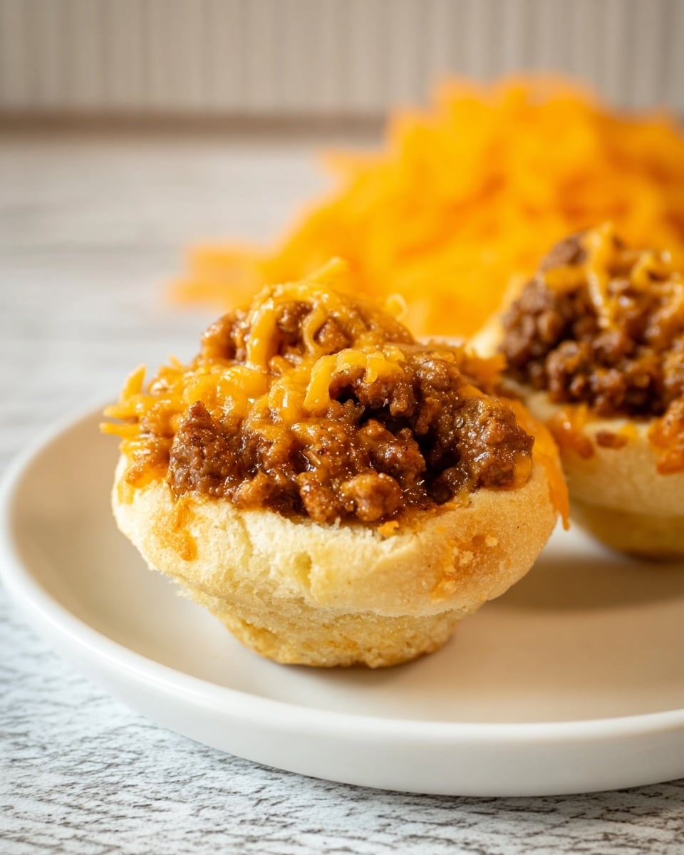 The image shows two small muffin-shaped dishes placed on a white plate with a white marbled texture surface in the background. Each dish has a soft, light yellow bread base that forms an open cup, holding a chunky minced meat topping mixed with melted orange cheddar cheese on top. The meat and cheese mixture is rough-textured and piled high, overflowing slightly above the bread edges. Some shredded cheddar cheese is blurred in the background, adding a warm orange hue. The photo taken with an iphone --ar 4:5 --v 7