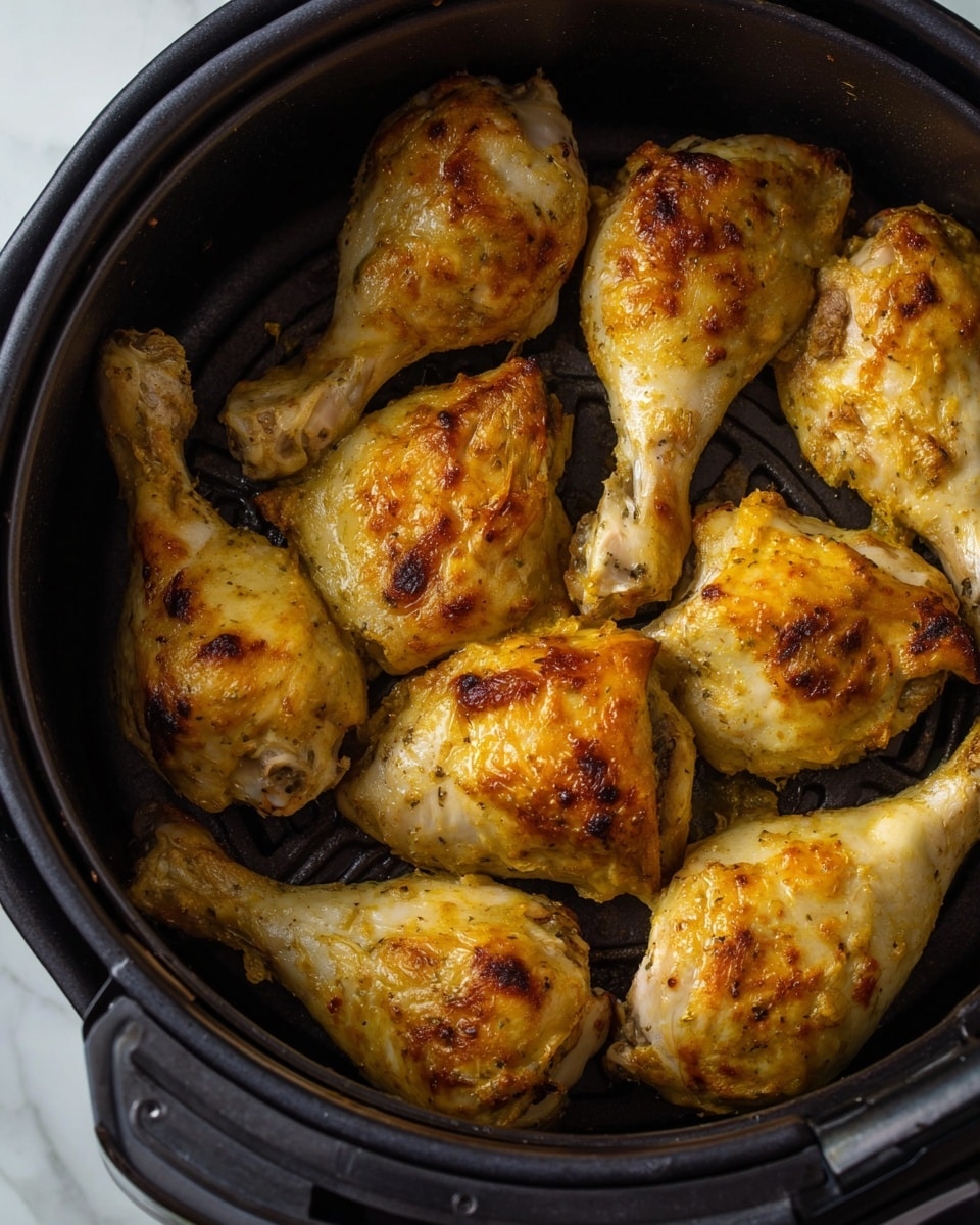 The image shows nine golden brown baked chicken drumsticks and thighs inside a black air fryer basket. The chicken pieces have a slightly crispy texture with some darker brown spots, showing they are cooked well. The meat's color ranges from light yellow to golden with a hint of white in some areas. The pieces are closely packed inside the basket, with no visible sauce or garnish. The background is a white marbled texture. Photo taken with an iphone --ar 4:5 --v 7