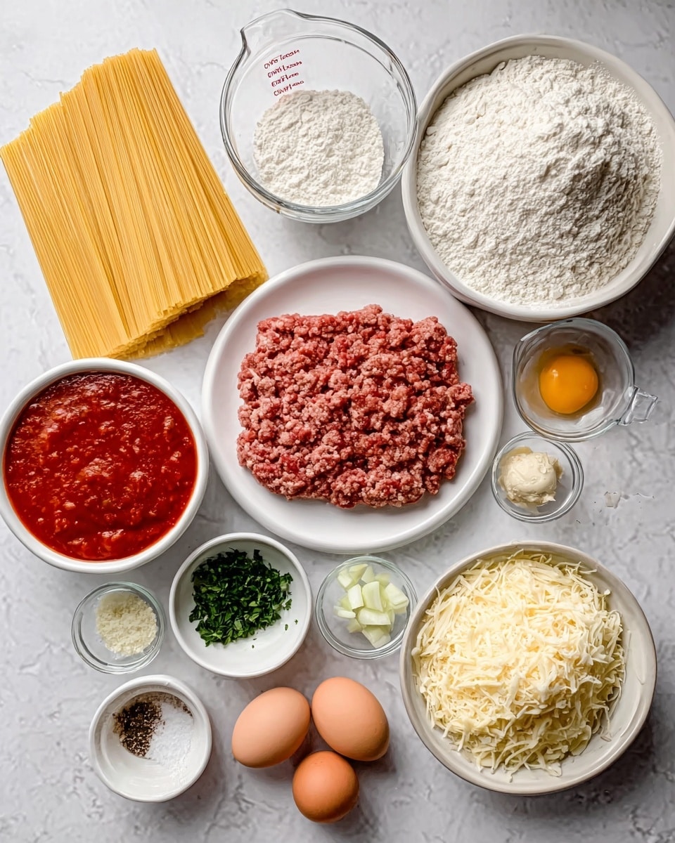 The image shows many cooking ingredients neatly arranged on a white marbled surface. There is a large white bowl filled with white flour at the top right and a smaller white bowl with some white powder near it. To the bottom left, a white bowl holds red tomato sauce with visible seeds and herbs. In the center, a white plate is filled with ground meat, placed next to a small bunch of chopped green herbs on the right. On the bottom right, a white bowl is full of shredded cheese, and beside it, there are two brown eggs placed on the surface. Small white bowls contain chopped onions, minced garlic, and some spices. A glass measuring cup with water sits near the top left. There are some uncooked lasagna noodles stacked vertically on the left. The setup looks clean and organized, with the ingredients ready for use. Photo taken with an iphone --ar 4:5 --v 7