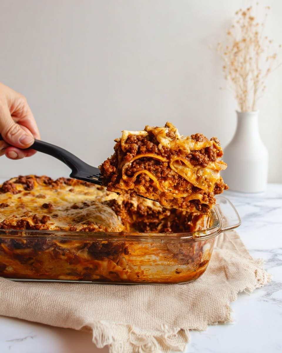 A woman’s hand holds a black spatula lifting a thick slice of lasagna from a clear glass baking dish. The lasagna shows multiple layers, starting at the bottom with a rich red sauce mixed with browned ground meat, followed by a layer of pasta sheets with a slightly ruffled edge, then another thick layer of meat sauce with melted cheese, creating a textured combination of orange, red, and brown colors. The top layer looks golden and bubbly with melted cheese. The baking dish sits on a light beige cloth on a white marbled surface, with a blurred white vase and some thin dried flowers in the background, giving a clean and warm feel. photo taken with an iphone --ar 4:5 --v 7