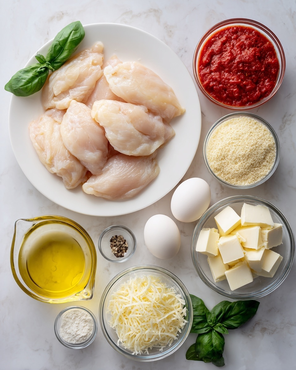 The image shows ingredients laid out neatly on a white marbled surface for making a dish. On the left, a white plate holds four raw, pale pink chicken fillets arranged close together. To the right, there are several small clear glass bowls containing different ingredients: one with light beige breadcrumbs, another with finely grated pale yellow cheese, a bowl of bright red tomato sauce, a bowl with two white eggs, a bowl of cubed white cheese, a bowl of white flour, a bowl with shredded white cheese, and three smaller bowls with salt, pepper, and a small amount of light yellow oil. Fresh green basil leaves are placed near the eggs, adding a pop of color. A measuring cup filled with light yellow olive oil is also on the left, completing the setup. Photo taken with an iphone --ar 4:5 --v 7