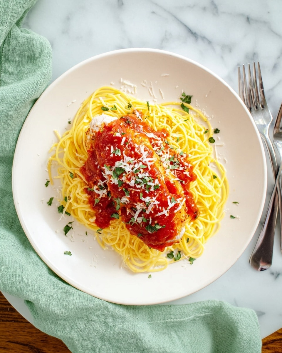 A white plate with a bed of yellow spaghetti at the bottom, topped with a piece of cooked chicken covered in bright red tomato sauce sprinkled with small bits of green herbs and grated white cheese, all set on a white marbled surface with a light green cloth on the left side and silver fork and knife on the right side, photo taken with an iphone --ar 4:5 --v 7