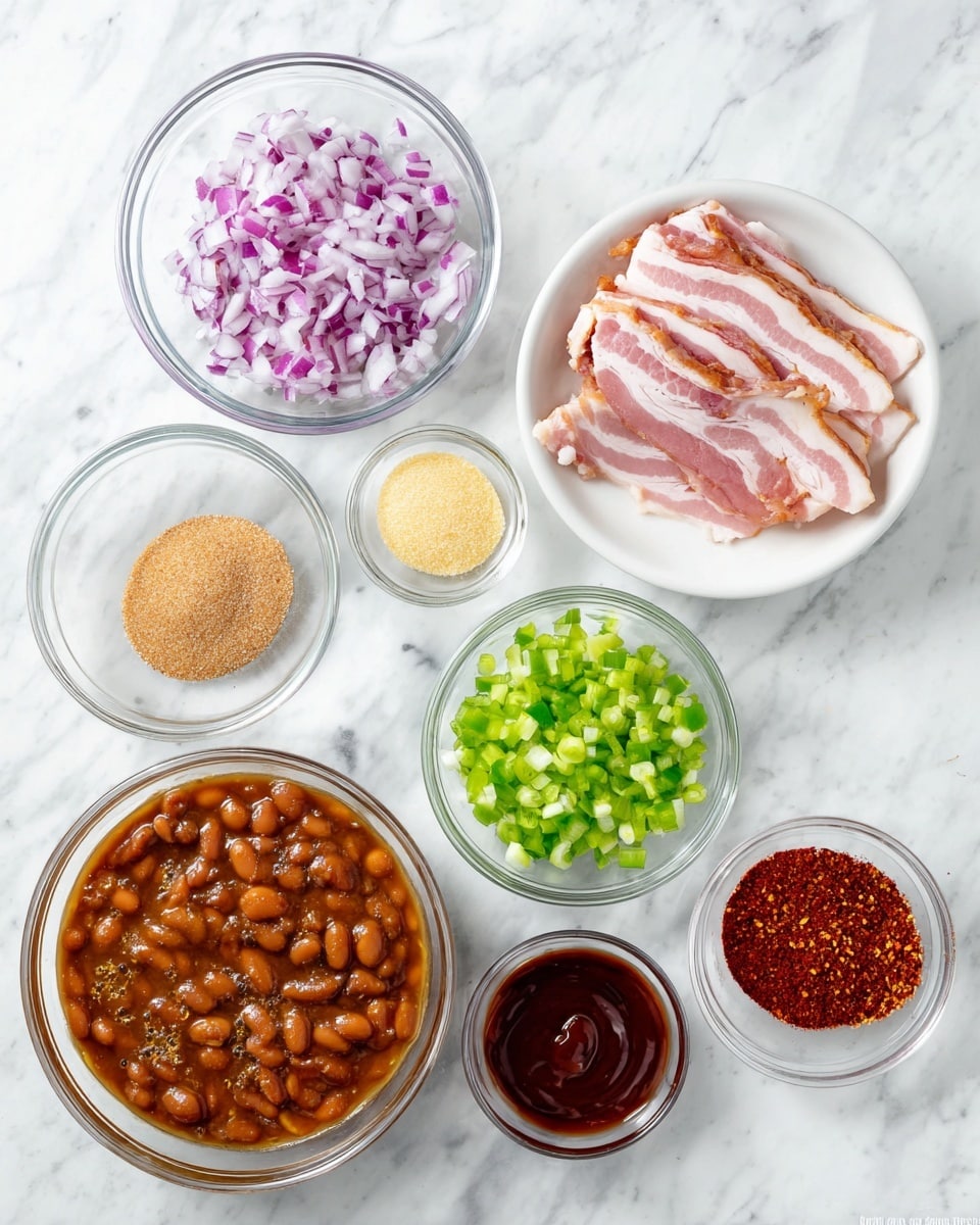 The image shows eight small glass bowls and one white plate arranged on a white marbled surface. The largest bowl at the bottom left contains brown baked beans in a thick sauce with some bubbles. To the right, the white plate holds pale pink and white raw bacon slices loosely piled. Above the bacon is a medium-sized glass bowl filled with finely chopped purple and white onions. To its right, another medium bowl holds finely chopped green bell pepper pieces. To the left of the onions, a small bowl contains light brown brown sugar, and above that, another small bowl has a pale yellow powder, likely garlic powder. To the top left is a small bowl with dark red chili powder. Finally, near the center left is a small bowl filled with dark reddish-brown barbecue sauce. Photo taken with an iphone --ar 4:5 --v 7