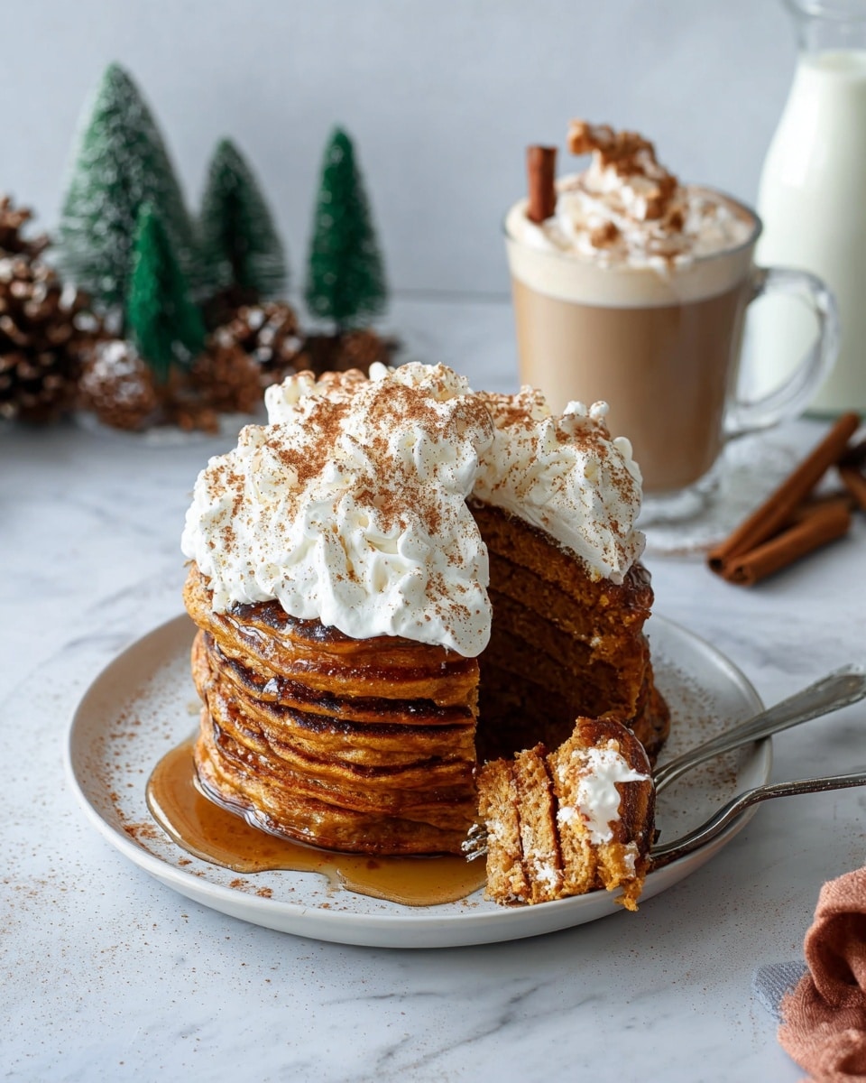 A tall stack of seven pumpkin-colored pancakes sits on a white plate, with a thick layer of white whipped cream on top that is dusted with light brown cinnamon powder. The pancakes look fluffy and are slightly darker on the edges, showing some texture. A slice has been removed from the stack, revealing the inside layers and a fork holding a bite-sized piece of pancake with whipped cream and syrup dripping down. The plate is placed on a white marbled surface with a glass of hot chocolate topped with whipped cream and cinnamon, cinnamon sticks, pine cones, small green decorative Christmas trees, and a glass bottle of milk in the blurred background. Photo taken with an iphone --ar 4:5 --v 7