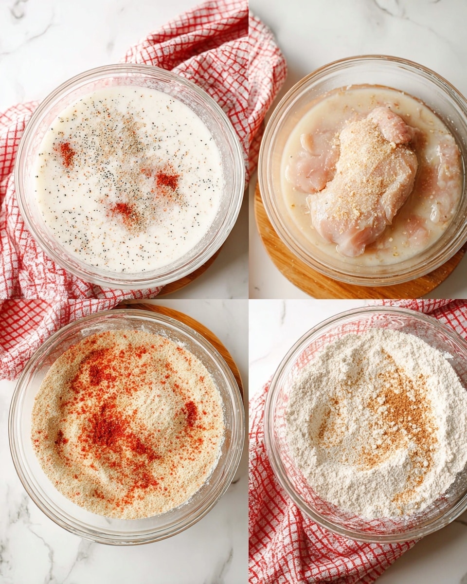 Four clear glass bowls sit on a white marbled surface with a red and white checkered cloth peeking out. The first bowl has a layer of white liquid with sprinkled spices in spots of light brown, dark brown, and bright red evenly spread on top. The second bowl shows pale raw chicken pieces soaking in a light beige liquid with spice specks. The third bowl contains a dry mix of white flour with scattered spices in orange-red, light tan, and brown powders, creating a colorful blend. The fourth bowl has a single piece of pale chicken coated in a thick layer of the same flour and spice mixture, partially covered. A wooden board is placed under each bowl's bottom edge. Photo taken with an iphone --ar 4:5 --v 7